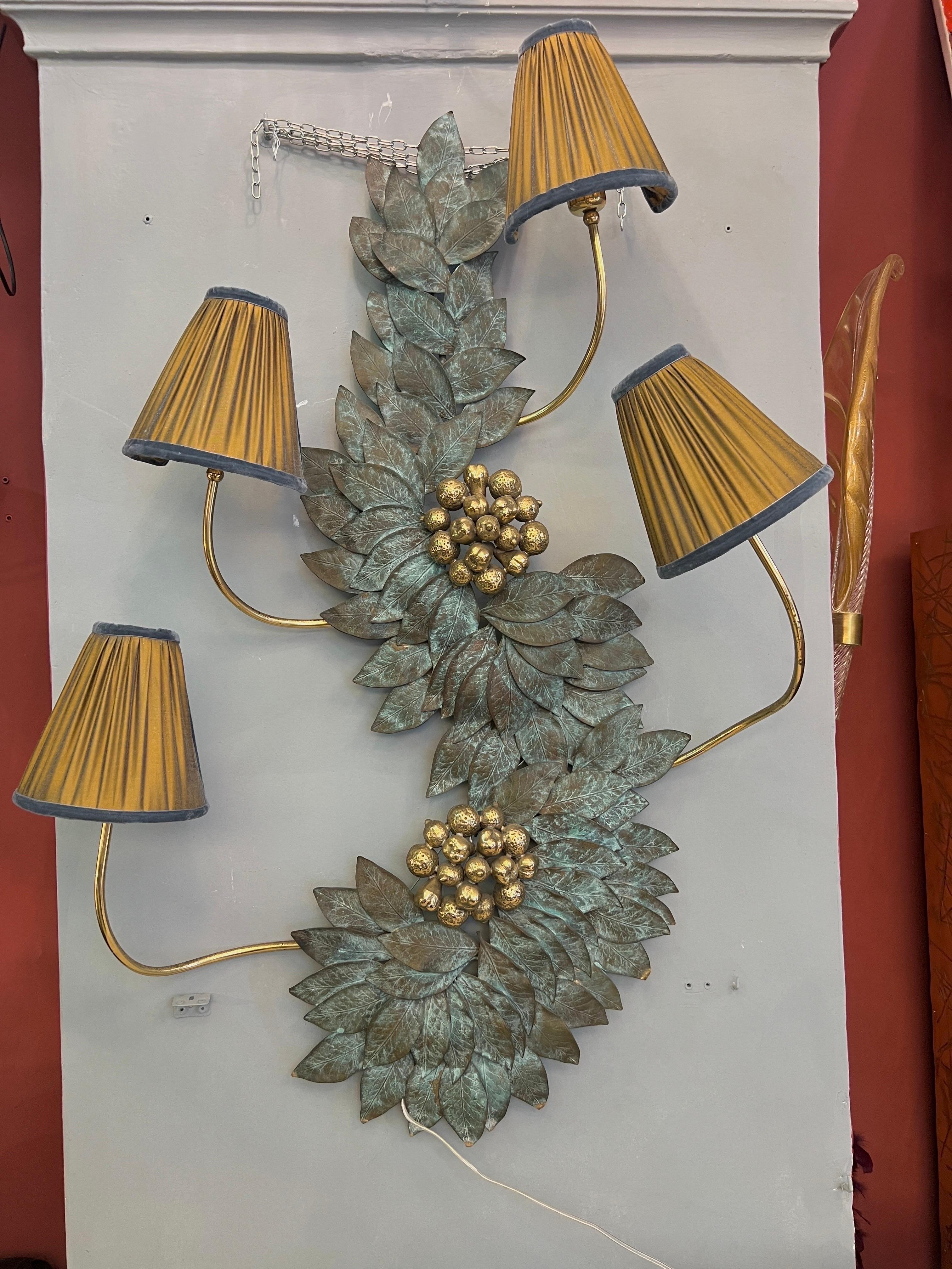 Bronze and Brass Wall Sculpture Lamp with our handmade lampshades 1950s For Sale 7