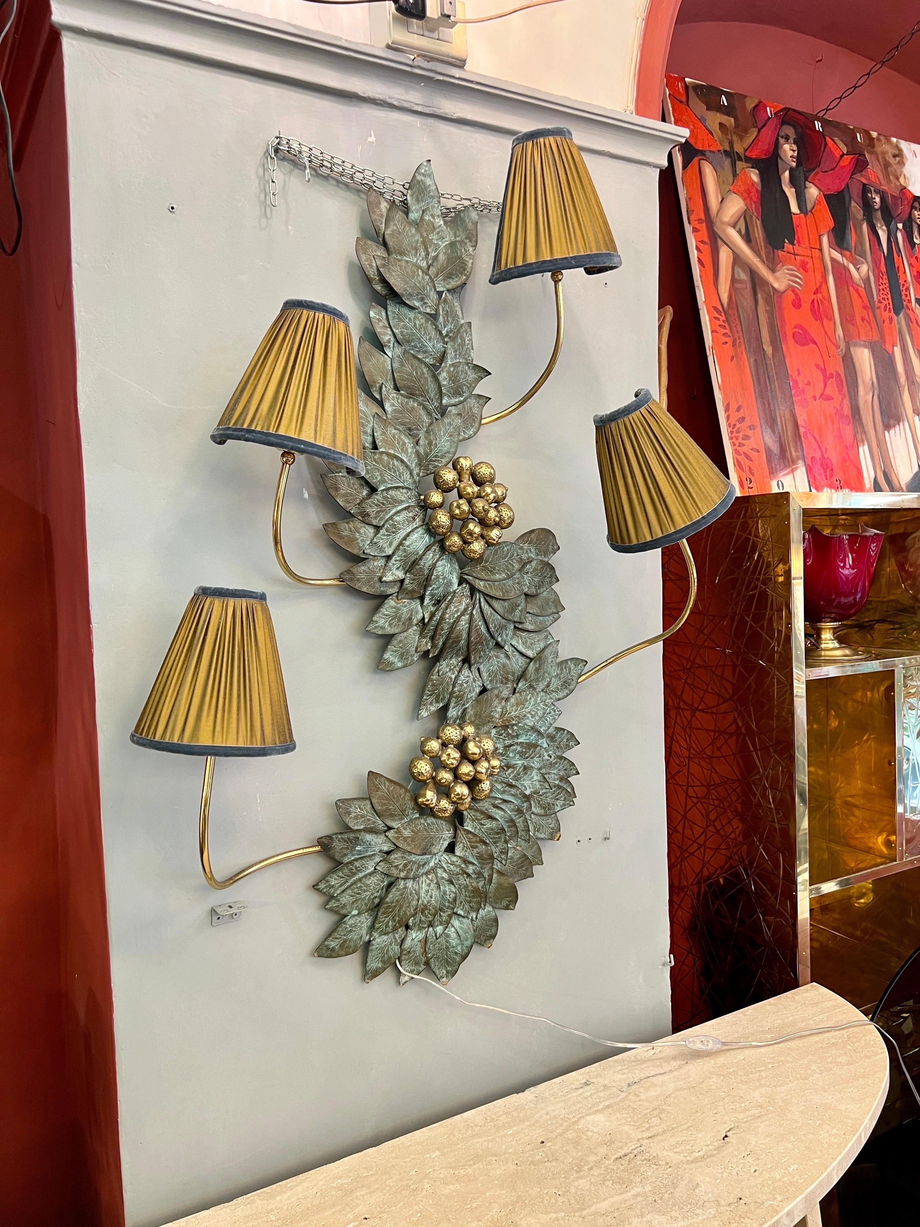 Bronze and Brass Wall Sculpture Lamp with our handmade lampshades 1950s For Sale 9