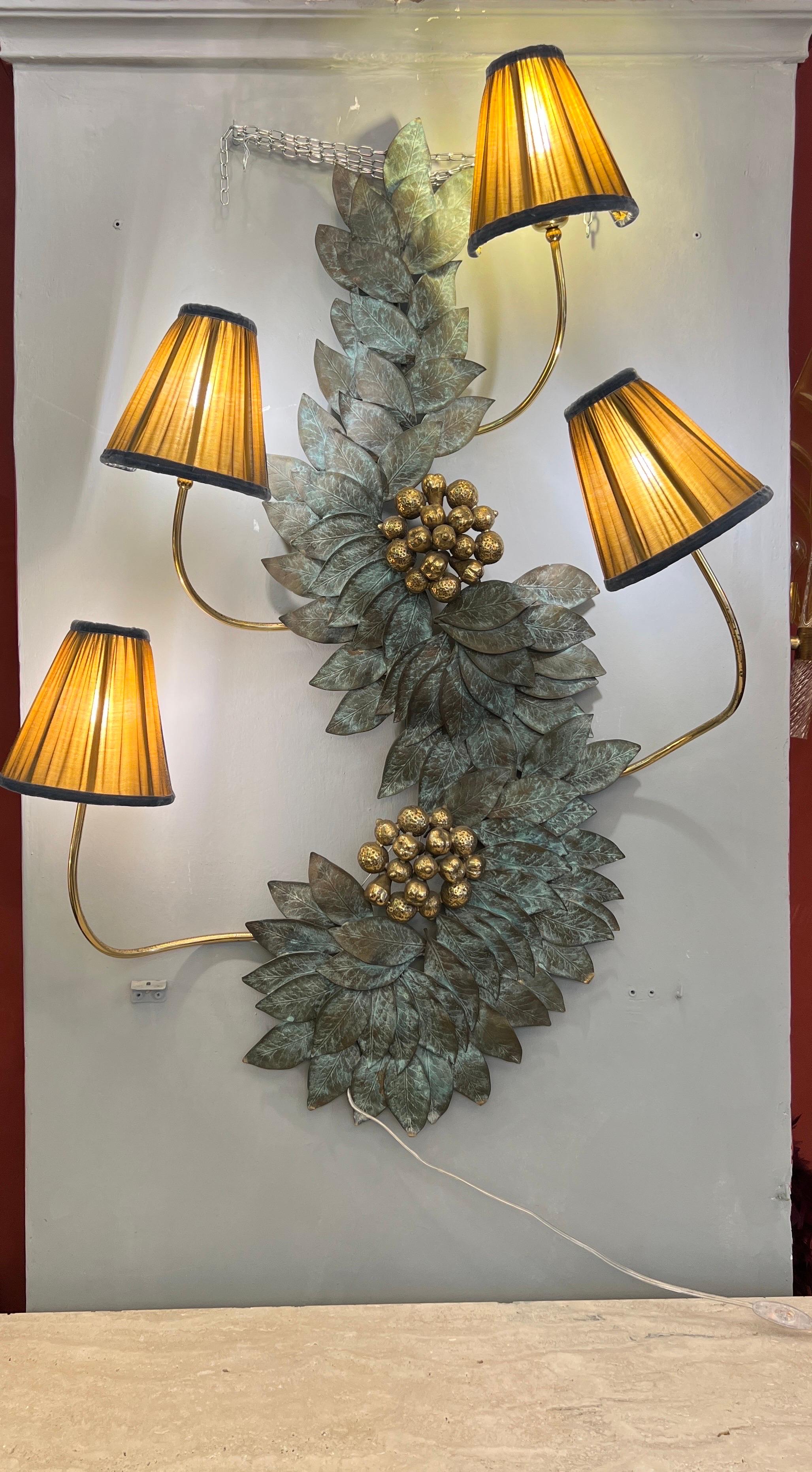 Mid-Century Modern Bronze and Brass Wall Sculpture Lamp with our handmade lampshades 1950s For Sale