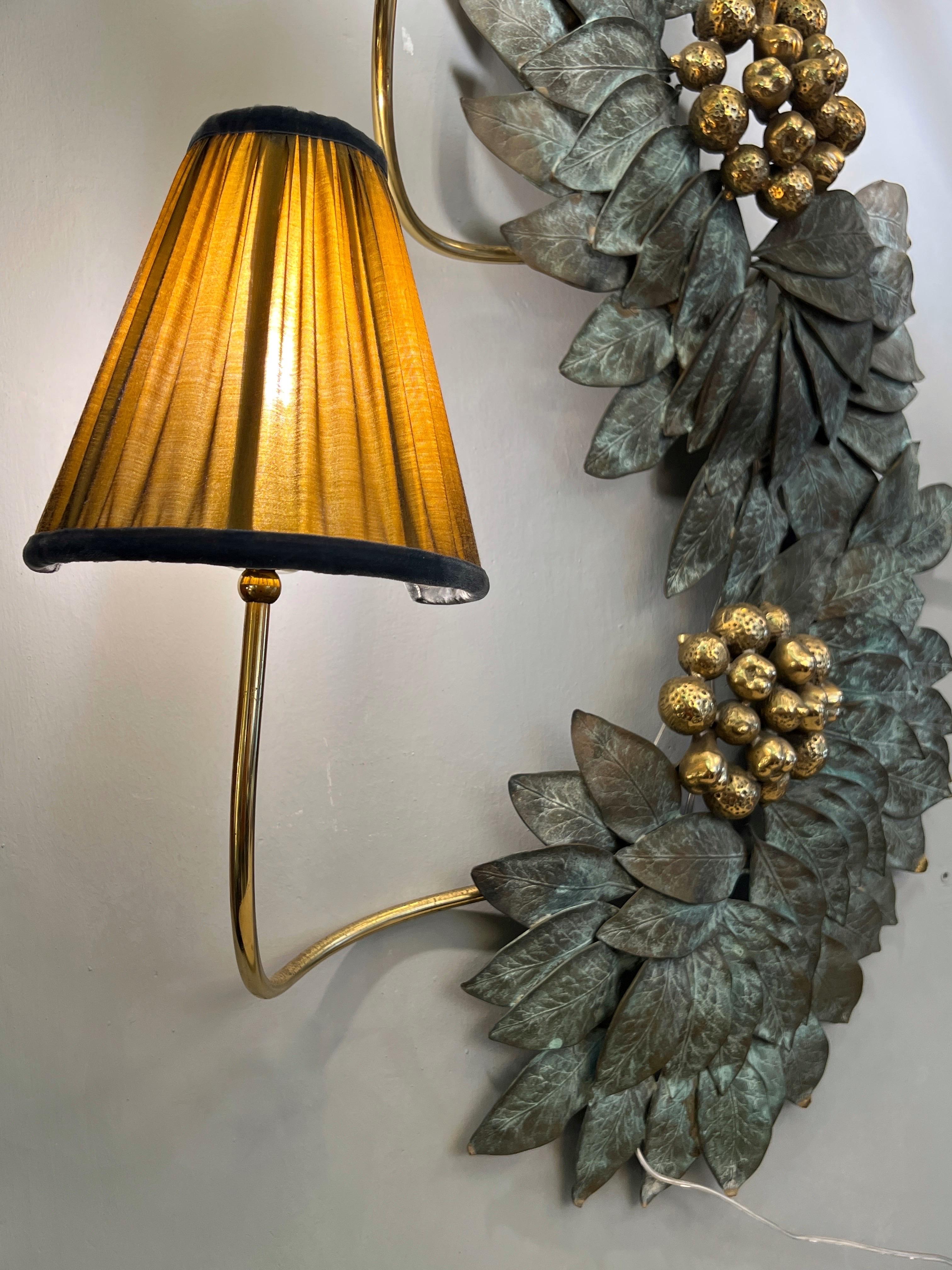 Italian Bronze and Brass Wall Sculpture Lamp with our handmade lampshades 1950s For Sale