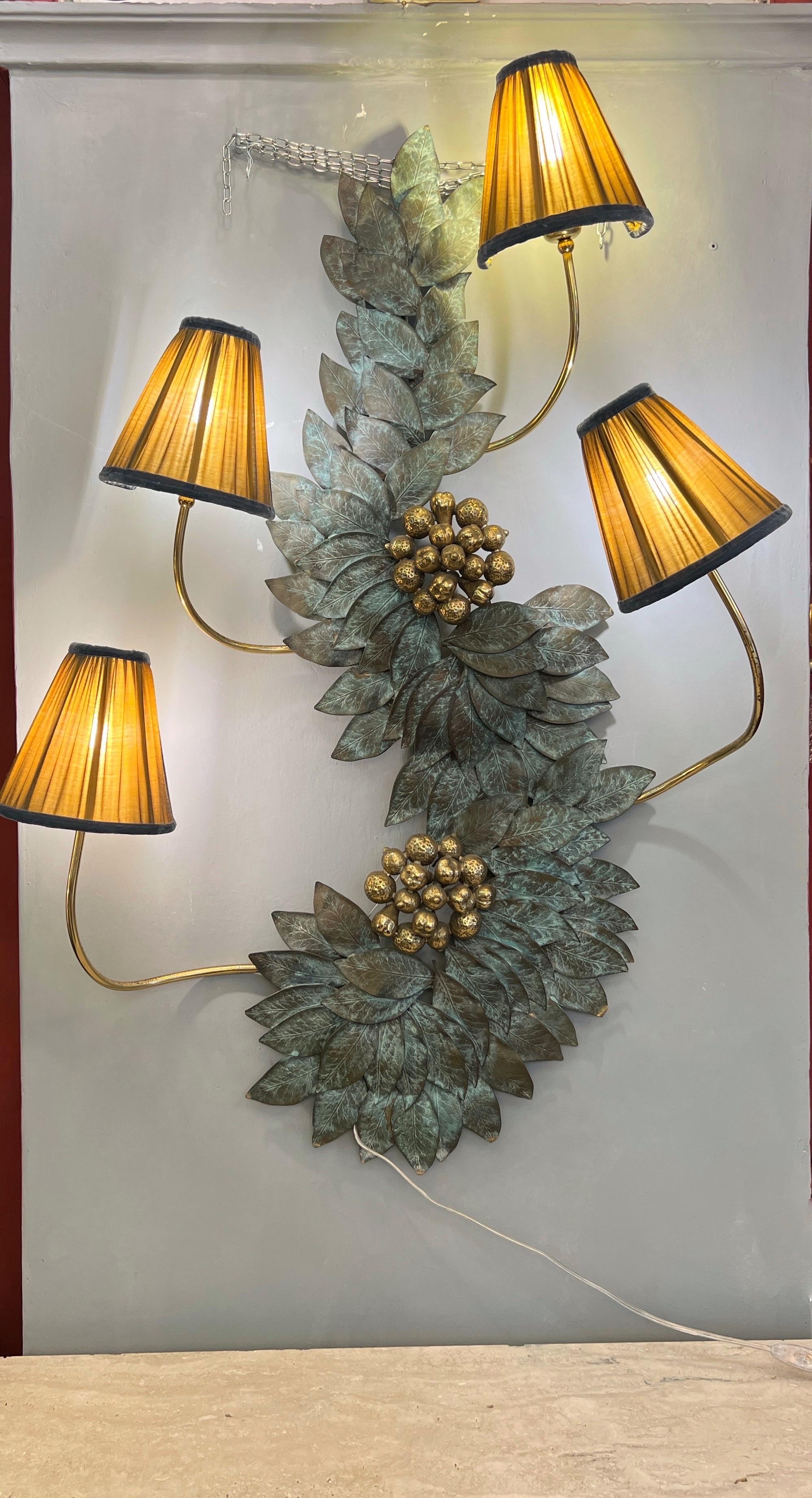 Bronze and Brass Wall Sculpture Lamp with our handmade lampshades 1950s For Sale 1