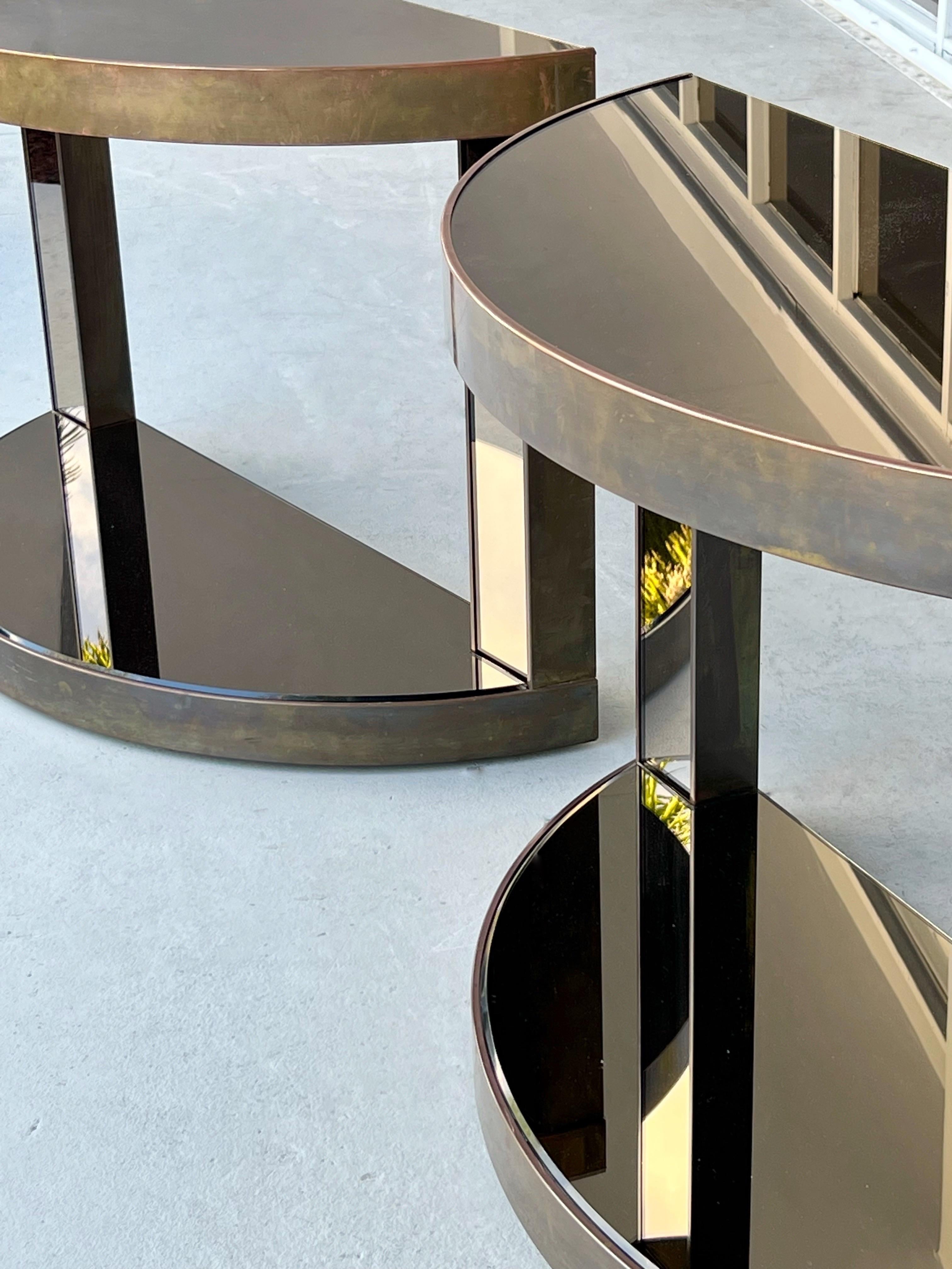 Late 20th Century Bronze and Bronze Mirror Pair of Modern Cantilevered French Console Tables