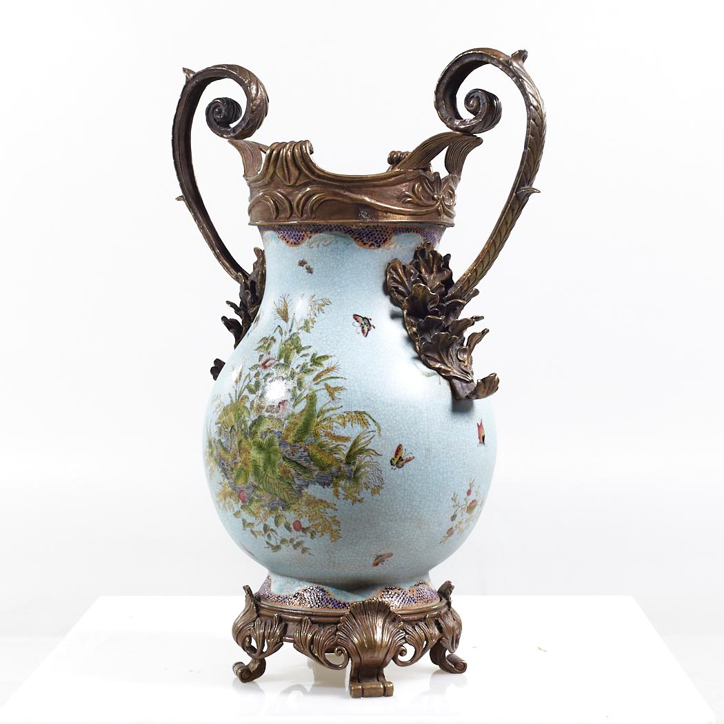 Modern Bronze and Ceramic Light Blue Vase For Sale
