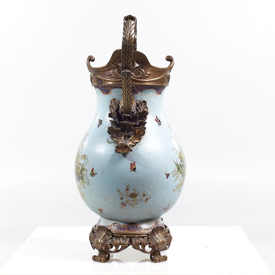 American Bronze and Ceramic Light Blue Vase For Sale