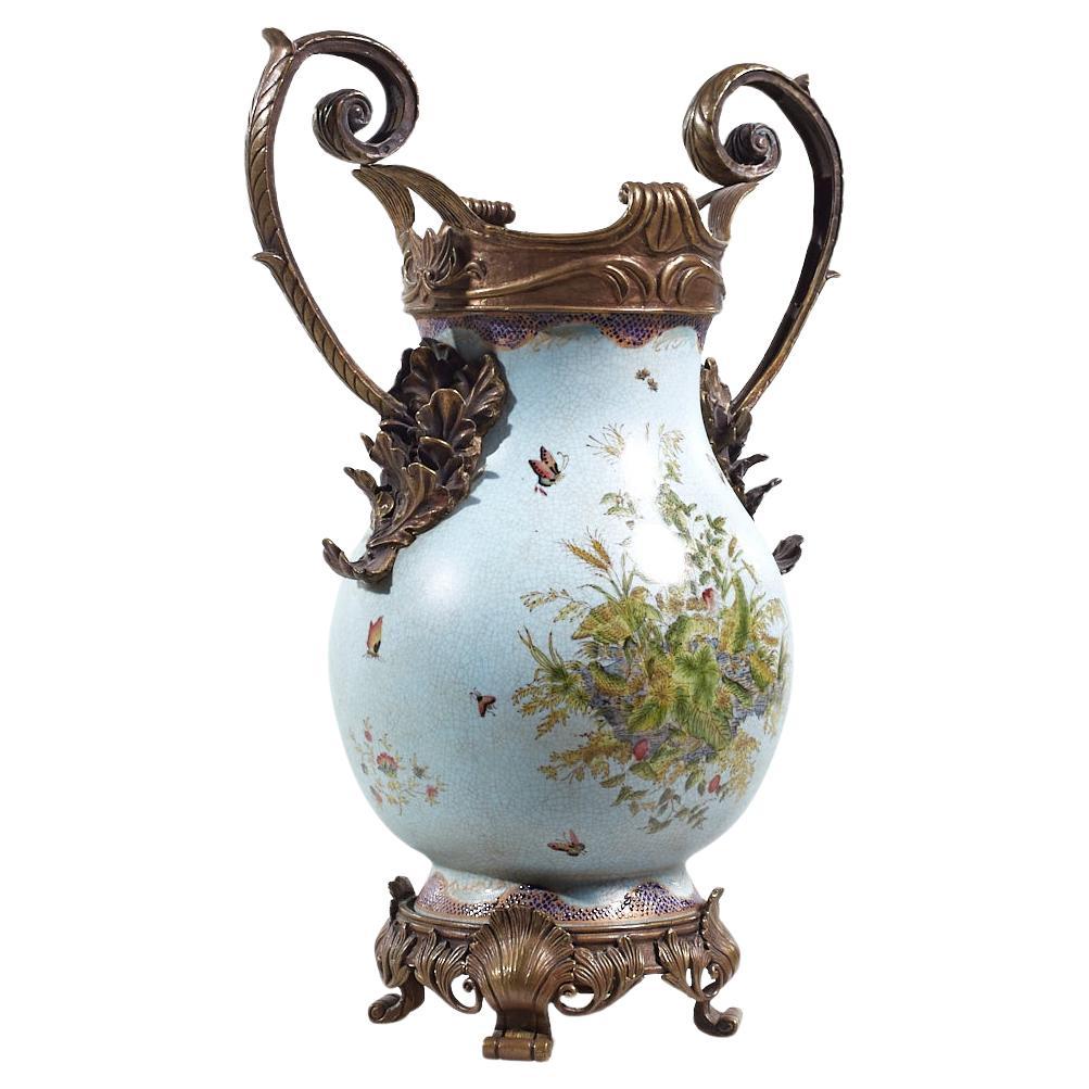 Bronze and Ceramic Light Blue Vase For Sale