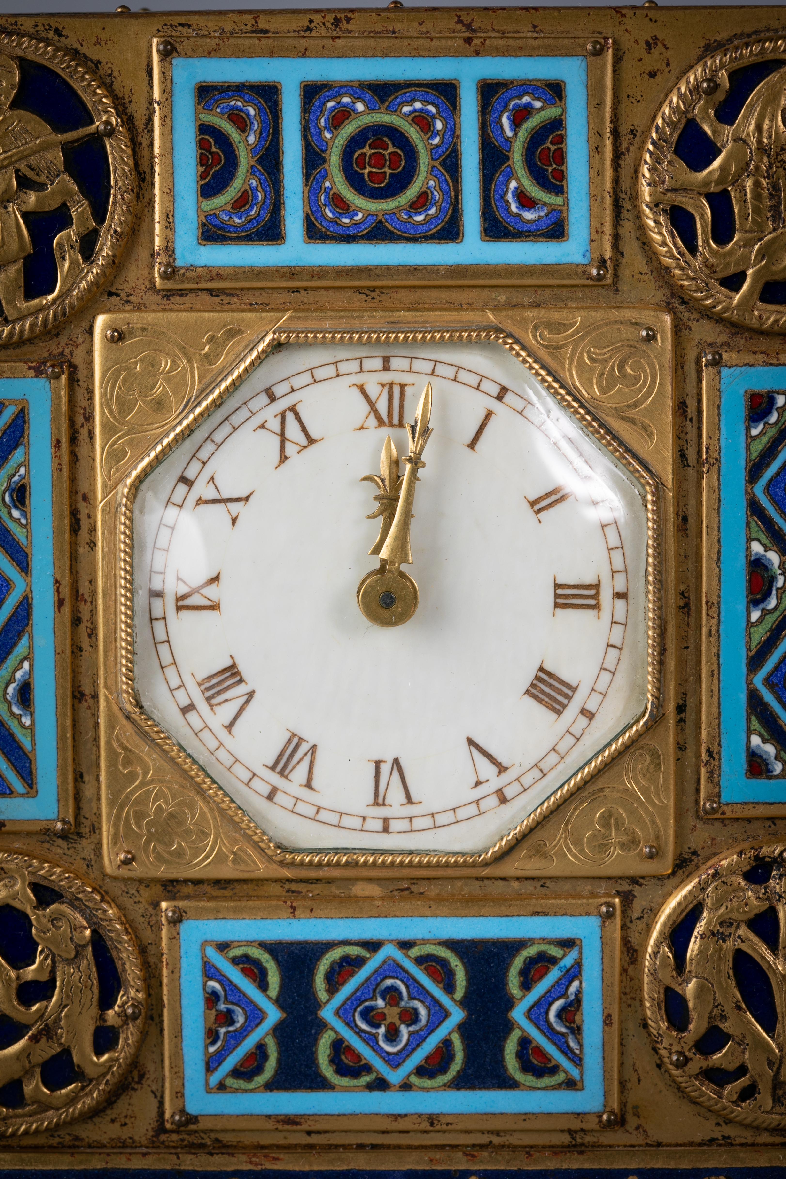 Bronze and Champleve Enamel Table Clock, E.F. Caldwell, Circa 1900 In Good Condition For Sale In New York, NY