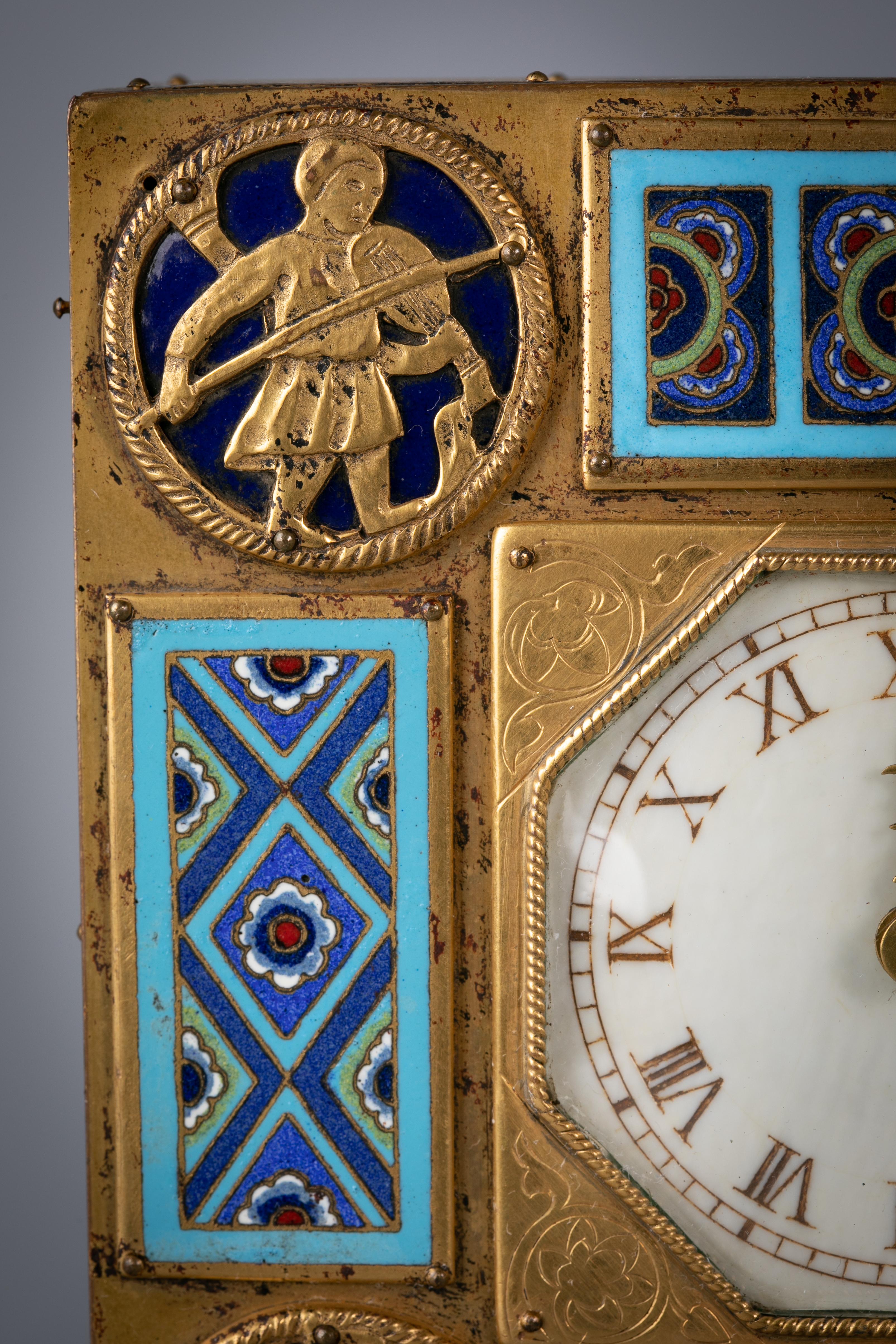 Early 20th Century Bronze and Champleve Enamel Table Clock, E.F. Caldwell, Circa 1900 For Sale