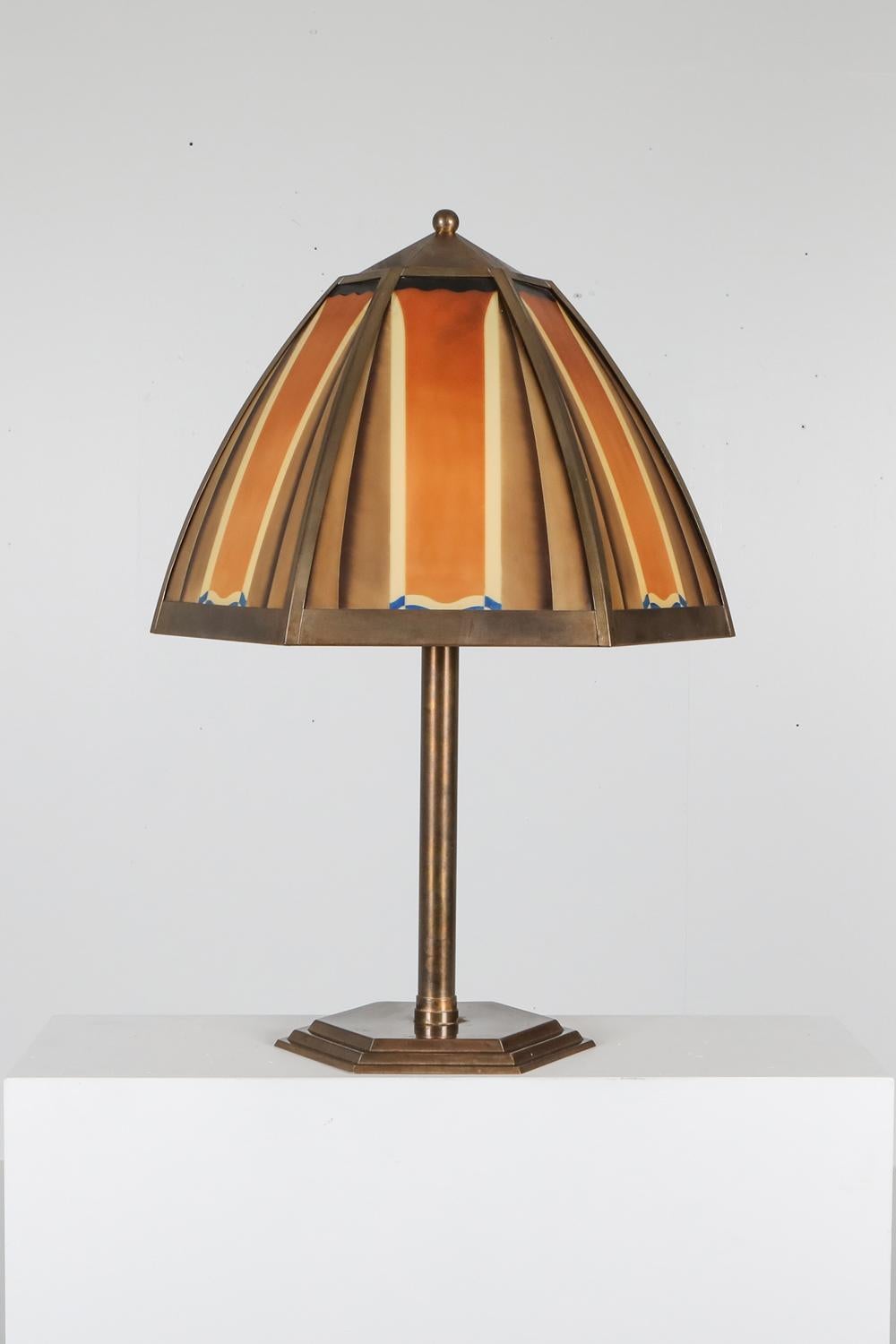 Bronze and Colored Glass Art Deco Lamp, Netherlands, 1920s For Sale 2