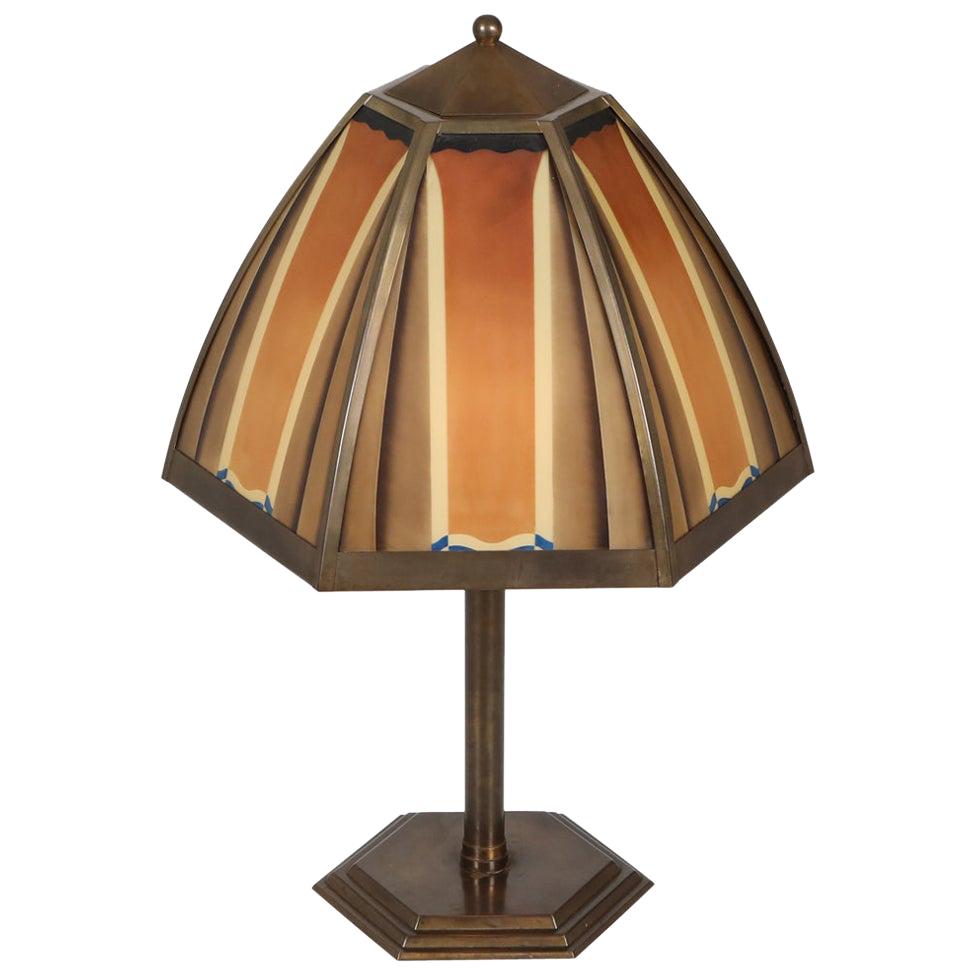 Bronze and Colored Glass Art Deco Lamp, Netherlands, 1920s For Sale