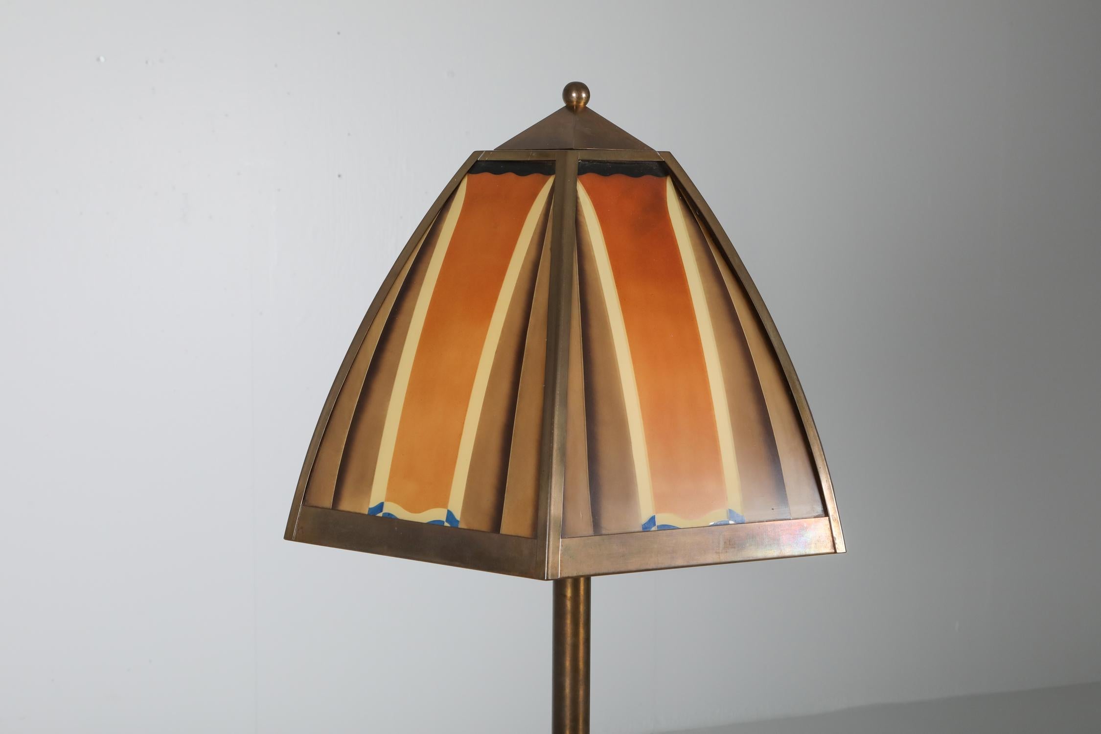 Dutch Bronze and Colored Glass Art Deco Lamp, Netherlands, 1920s