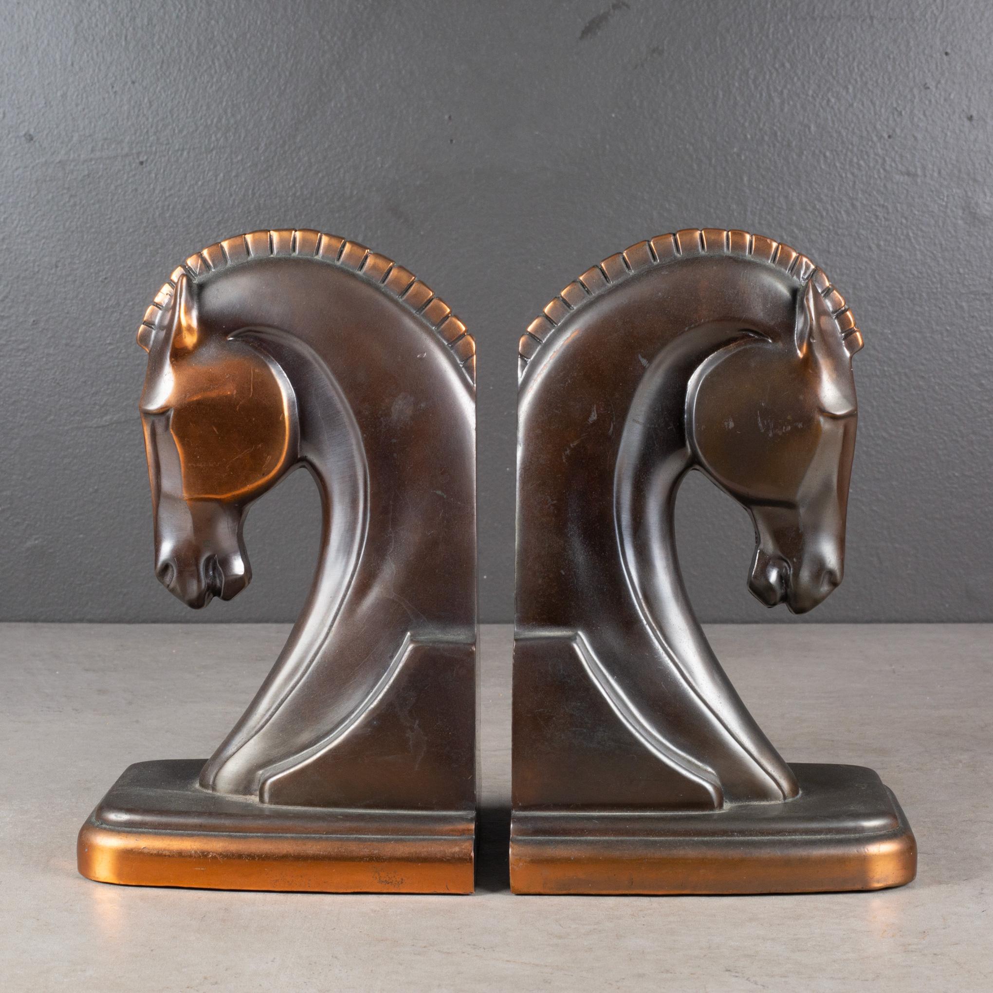 Plaqué Serre-livres Art Déco Trojan Horse en bronze et cuivre plaqué par Trophy Craft, vers 1930