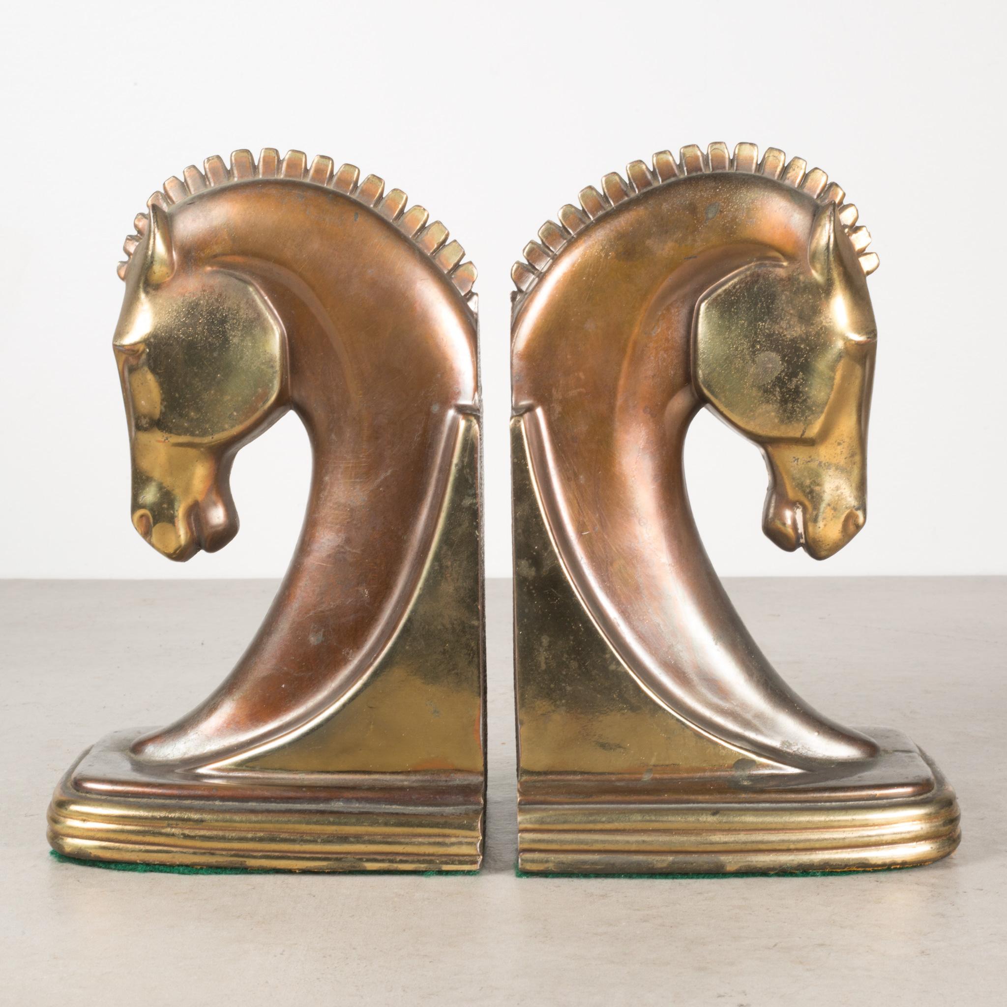 20th Century Bronze and Copper Plated Machine Age Trojan Horse Bookends by Dodge Inc. c.1930