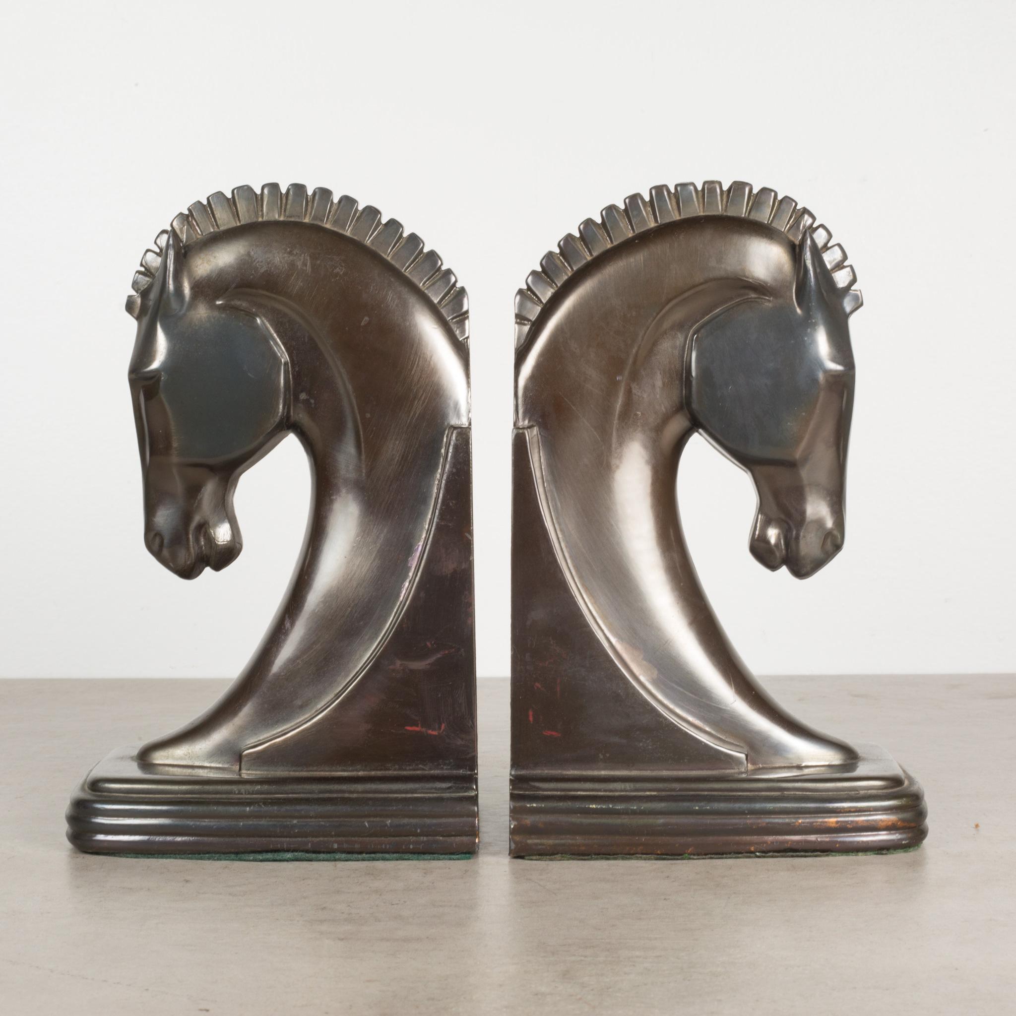 20th Century Bronze and Copper Plated Machine Age Trojan Horse Bookends by Dodge Inc. C.1930