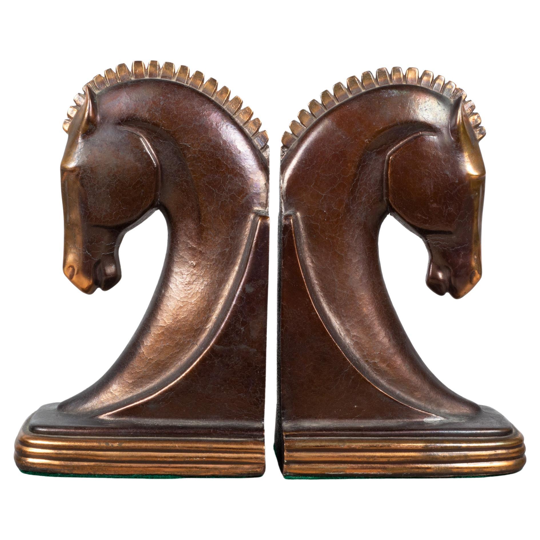 Bronze and Copper Plated Machine Age Trojan Horse Bookends by Dodge Inc. C.1930