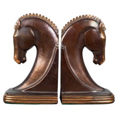 Antique Bronze and Copper Plated Machine Age Trojan Horse Bookends by Dodge Inc. C.1930