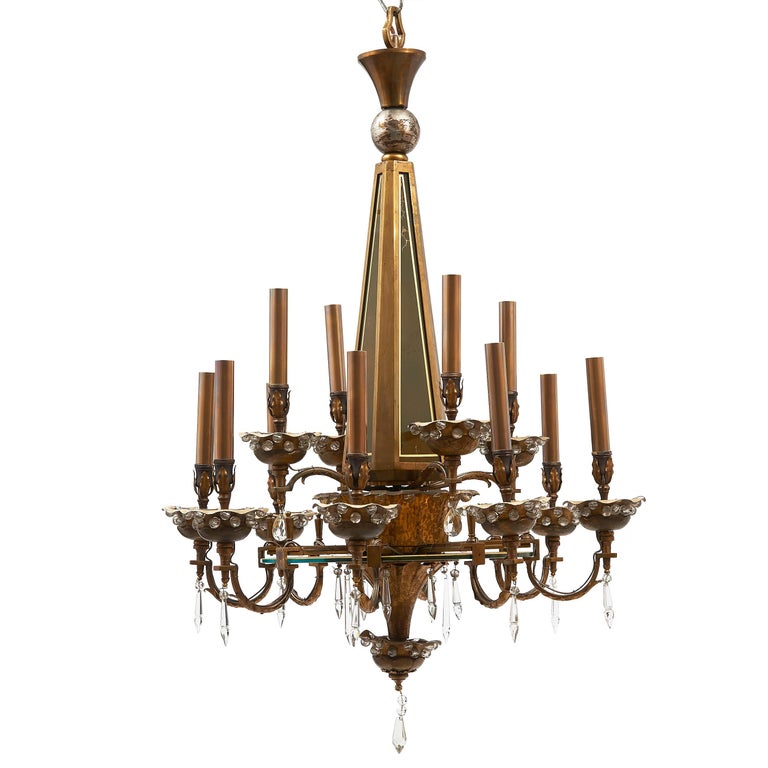 Bronze And Crystal Light Fixture With Smoke Glass Drops For At Bronze And Crystal Baguès Chandelier With Smoked Glass Panels French 1950s