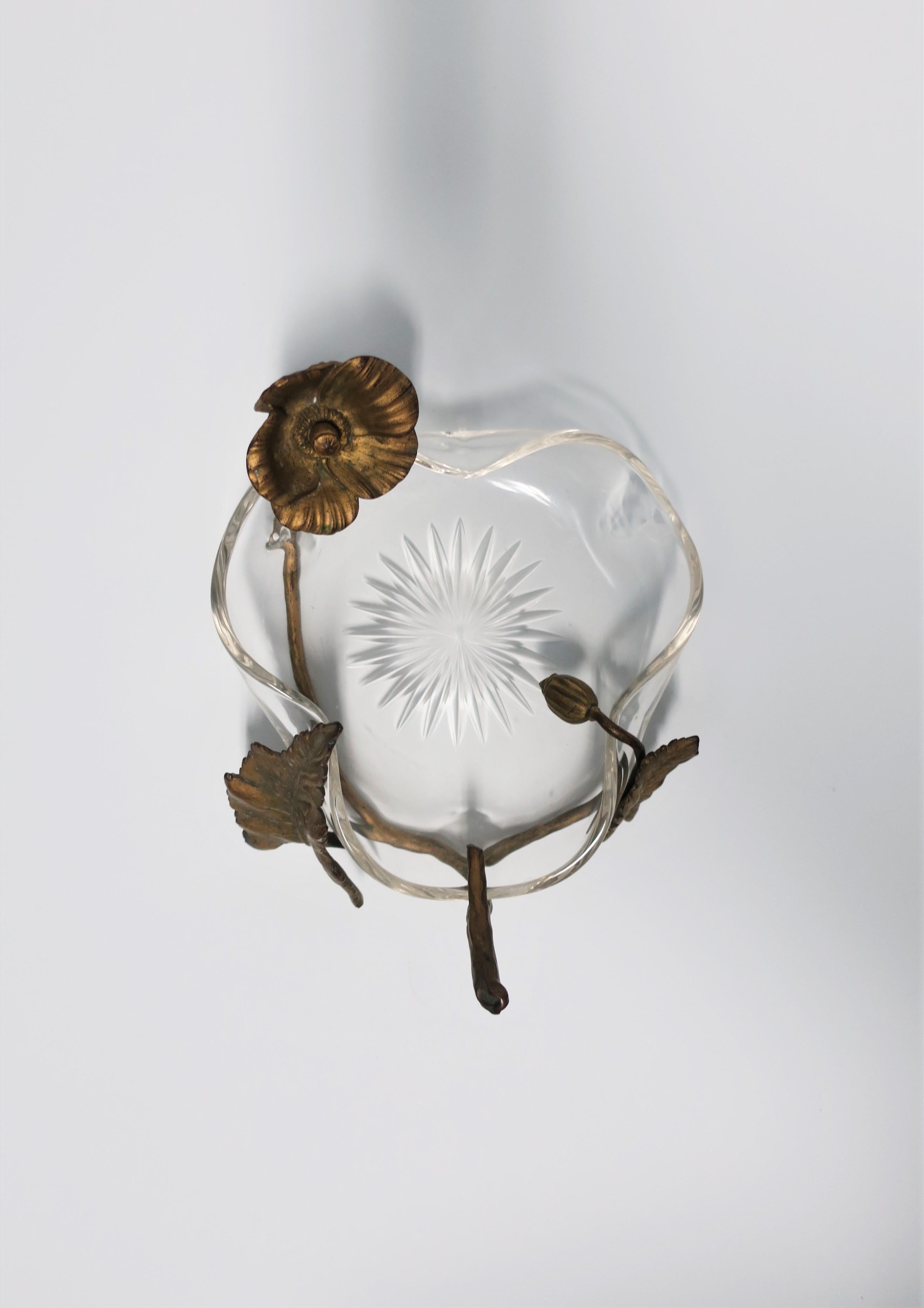 Organic Modern Crystal Bowl with Bronze Gilt Flower and Leaf Design in the Style of Baccarat
