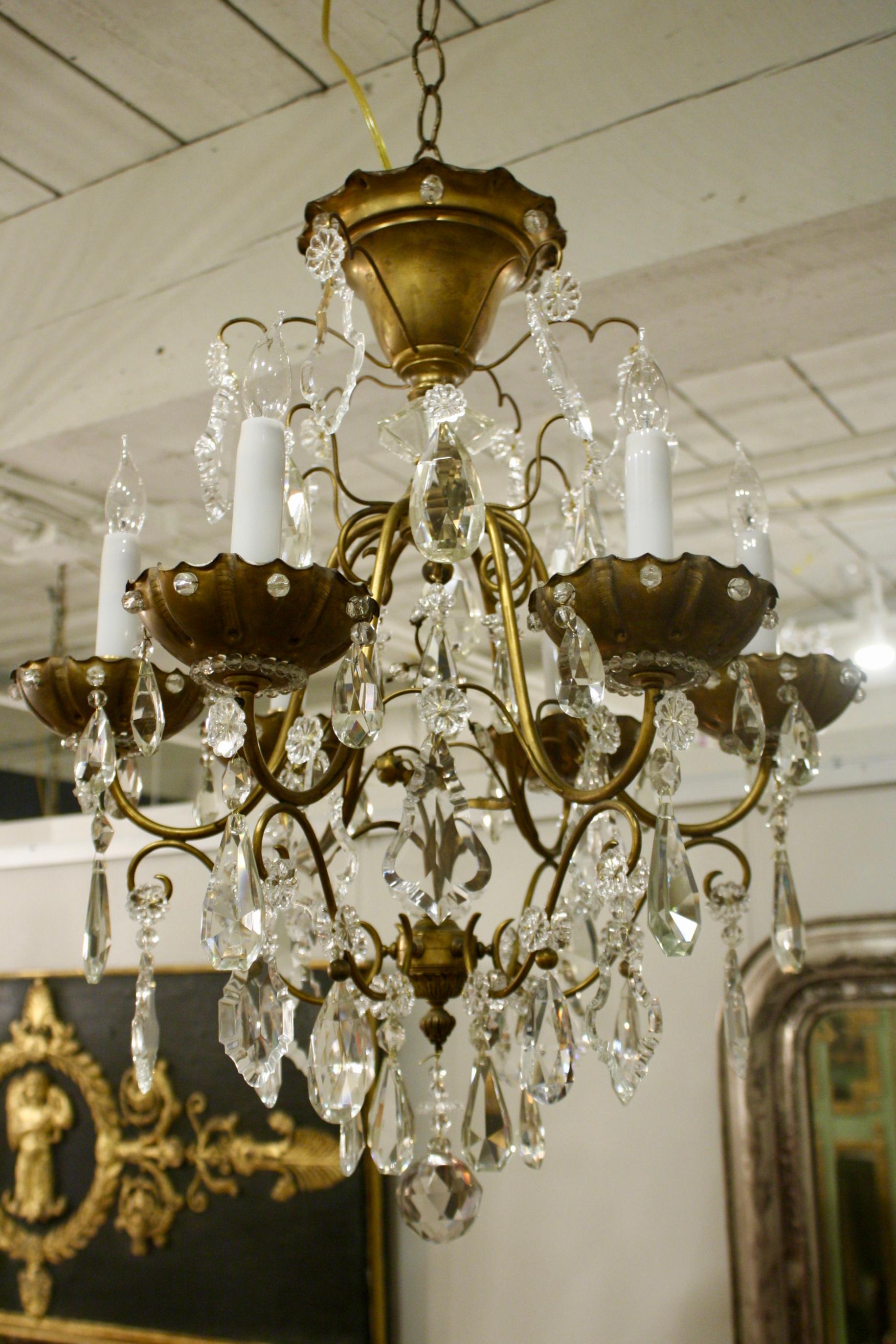 Mid-Century Modern Bronze and Crystal Cage Form Chandelier Attributed to Maison Jansen For Sale