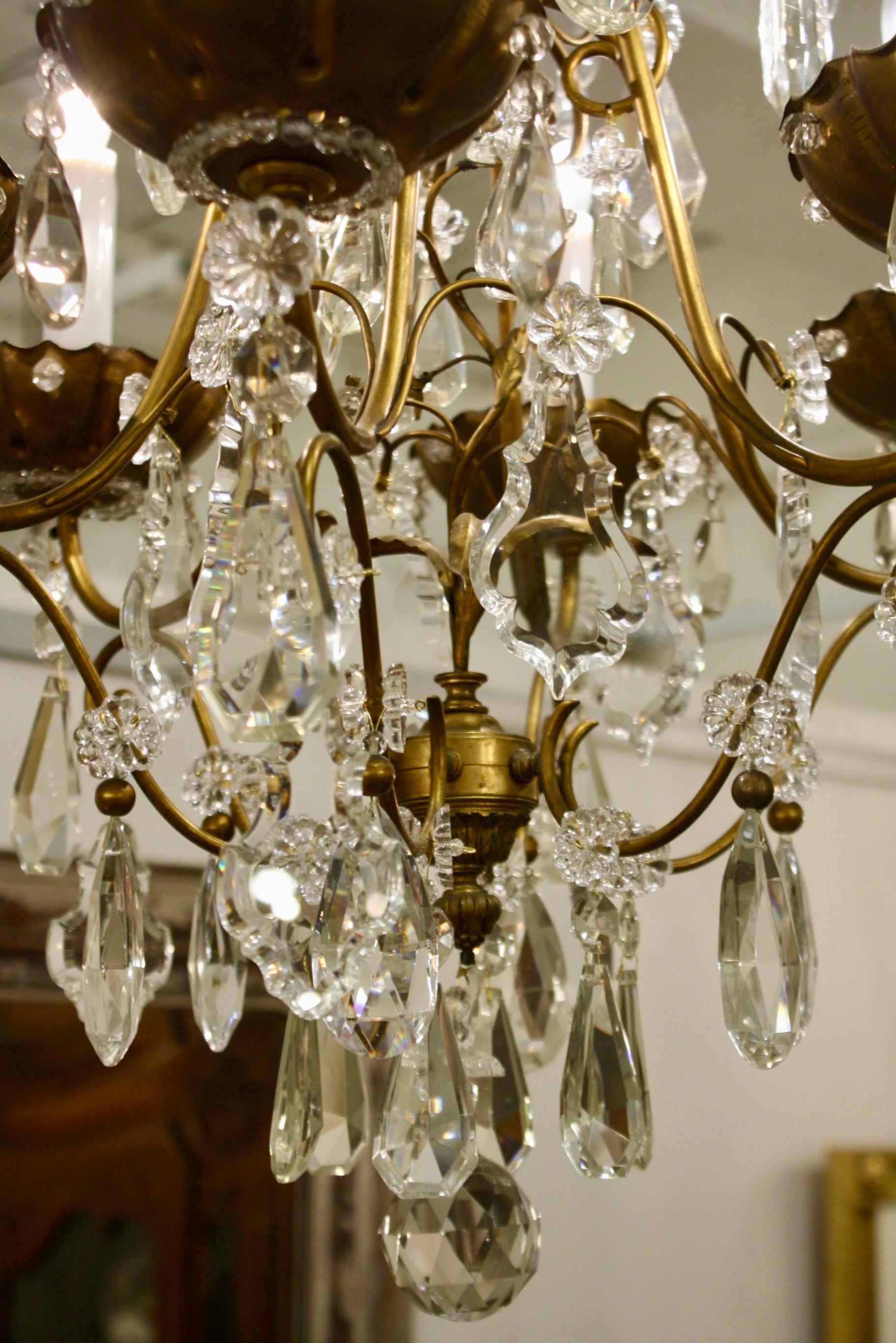 Bronze and Crystal Cage Form Chandelier Attributed to Maison Jansen In Good Condition For Sale In Pembroke, MA