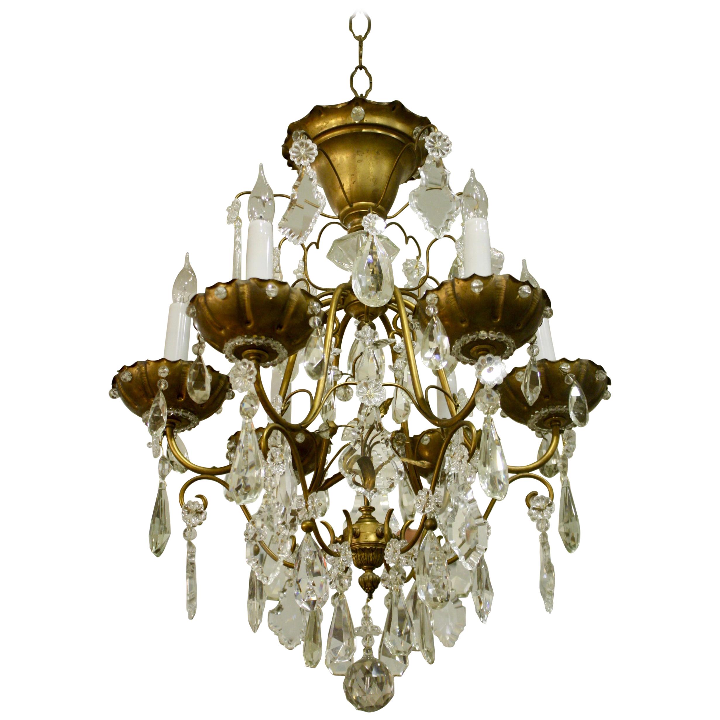 Bronze and Crystal Cage Form Chandelier Attributed to Maison Jansen