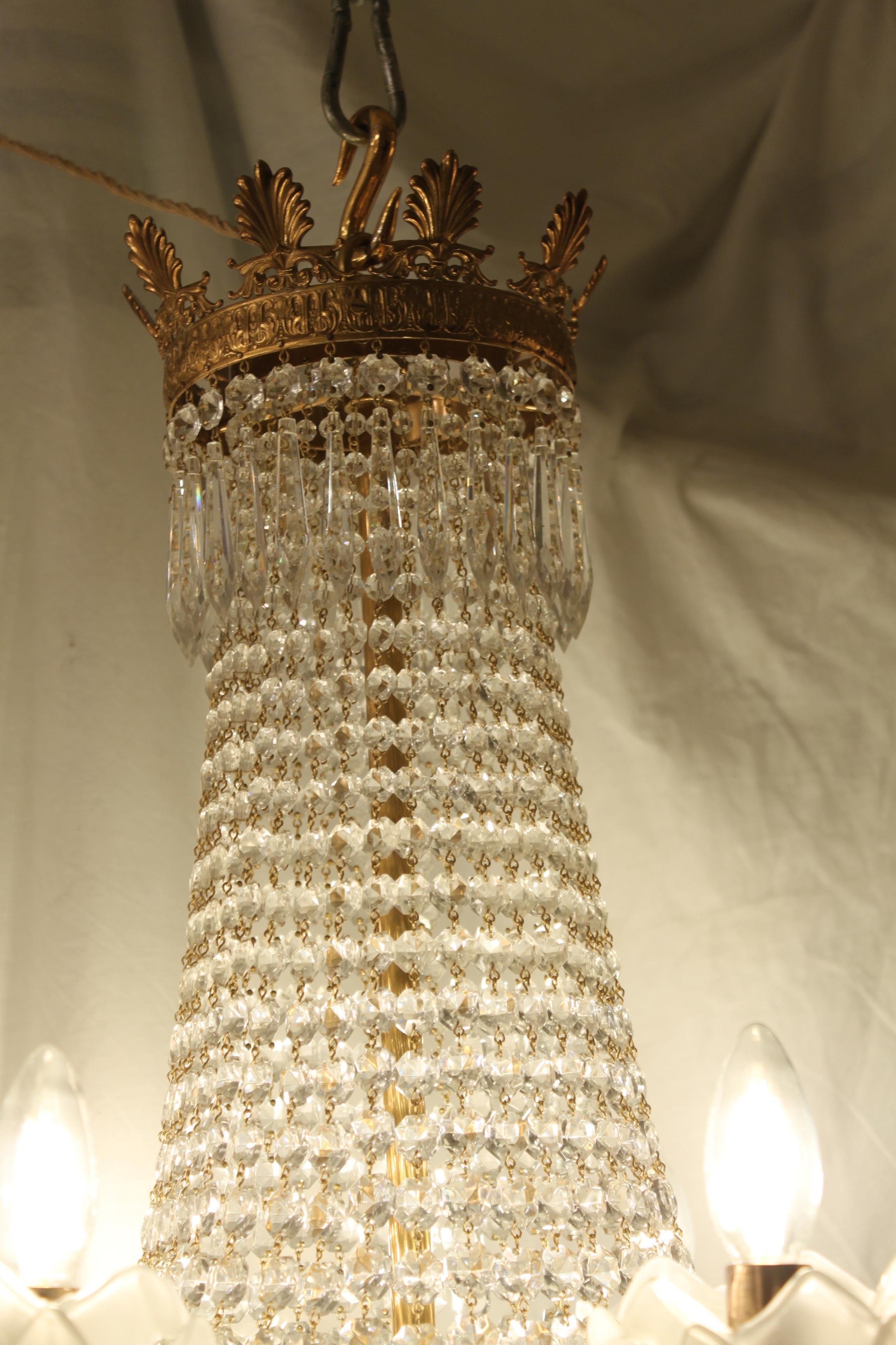 Bronze and Crystal Chandelier with Lalique Style Rose Petal Candle Surrounds 4