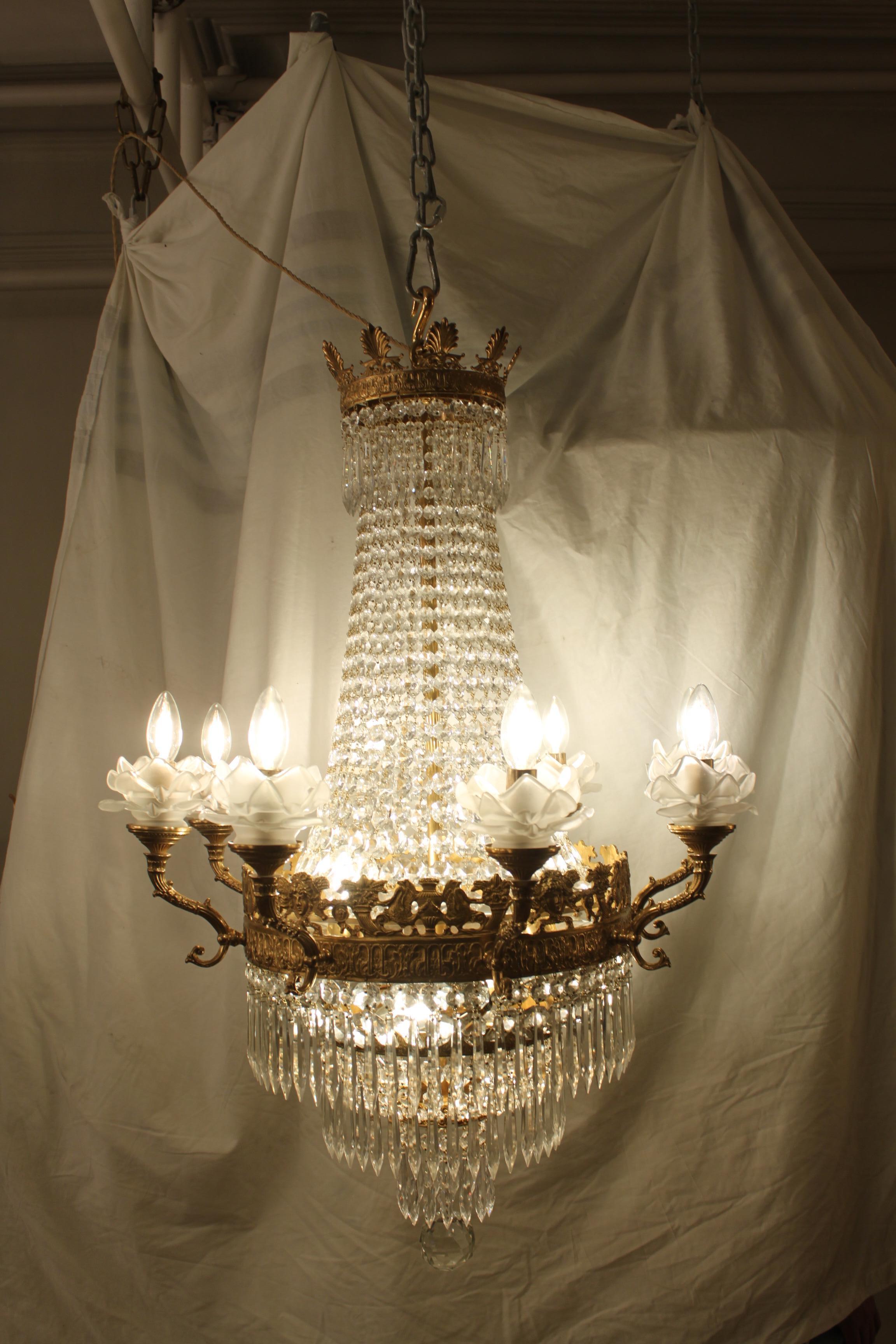 Bronze and Crystal Chandelier with Lalique Style Rose Petal Candle Surrounds 3