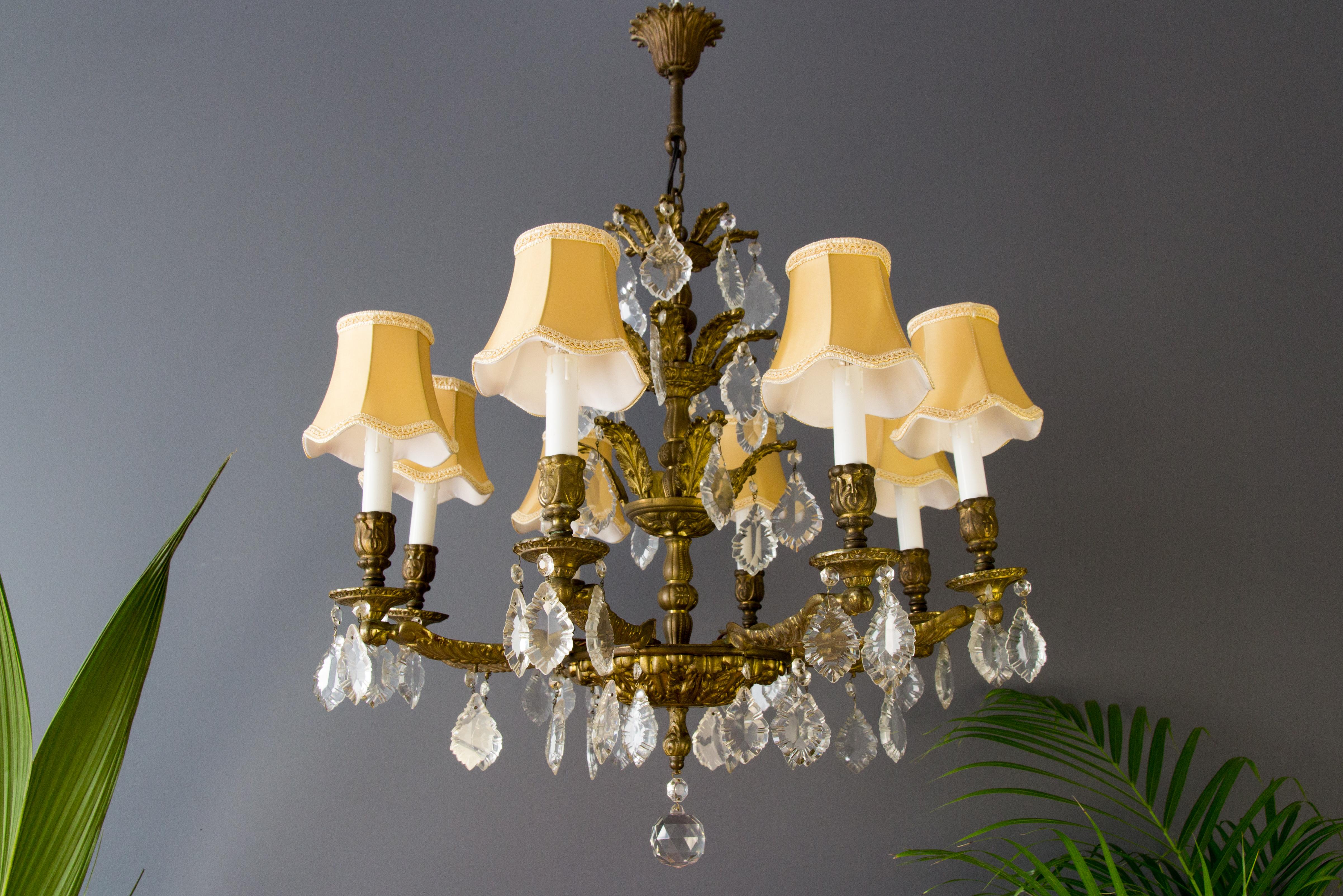 Mid-20th Century French Louis XVI Style Bronze and Crystal Eight-Light Chandelier For Sale