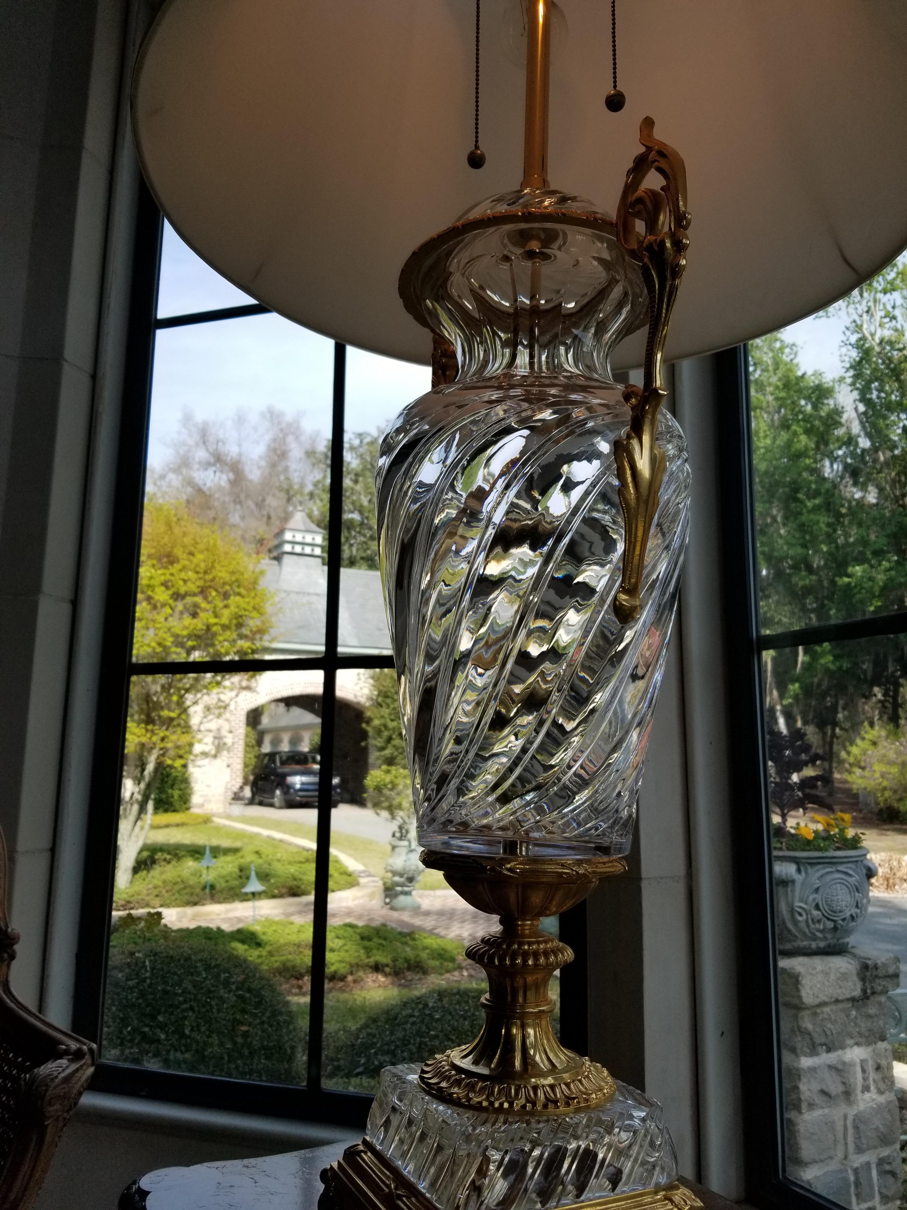 20th century bronze and crystal lamp with a silk shade.
 