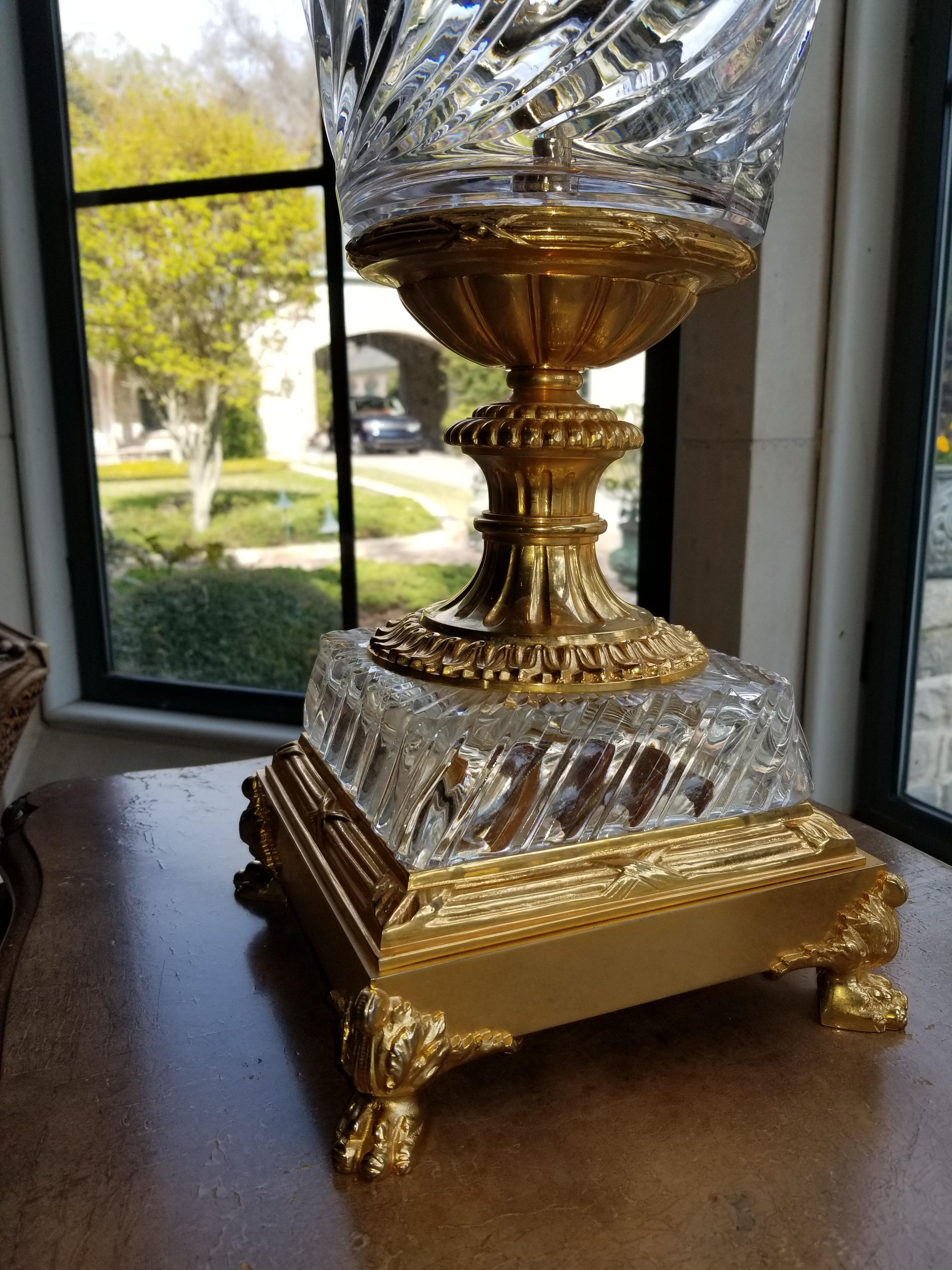 Bronze and Crystal Lamp with a Silk Shade, 20th Century In Good Condition For Sale In Savannah, GA