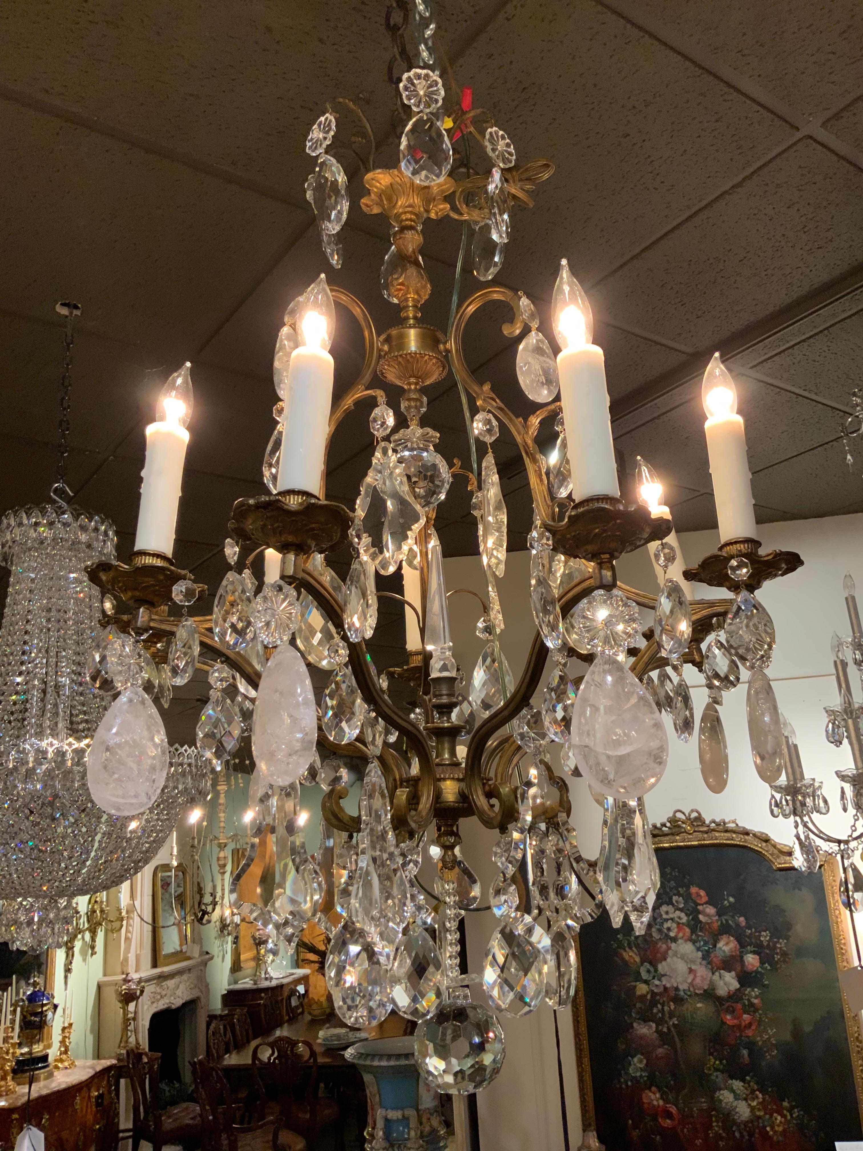 20th Century Bronze and Crystal Nine Light Chandelier with Scrolling Arms and Rock Crystals For Sale