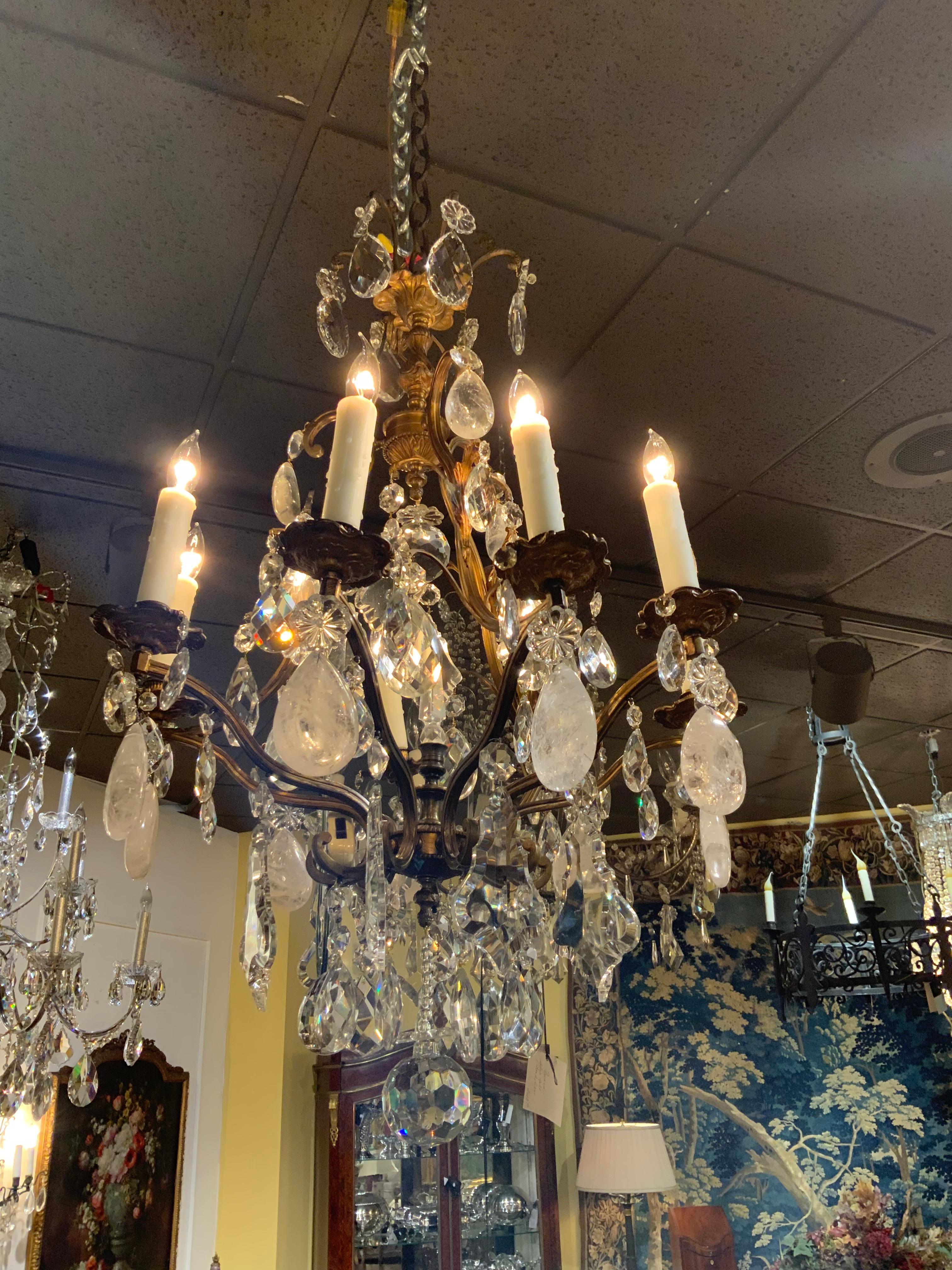 Bronze and Crystal Nine Light Chandelier with Scrolling Arms and Rock Crystals For Sale 3