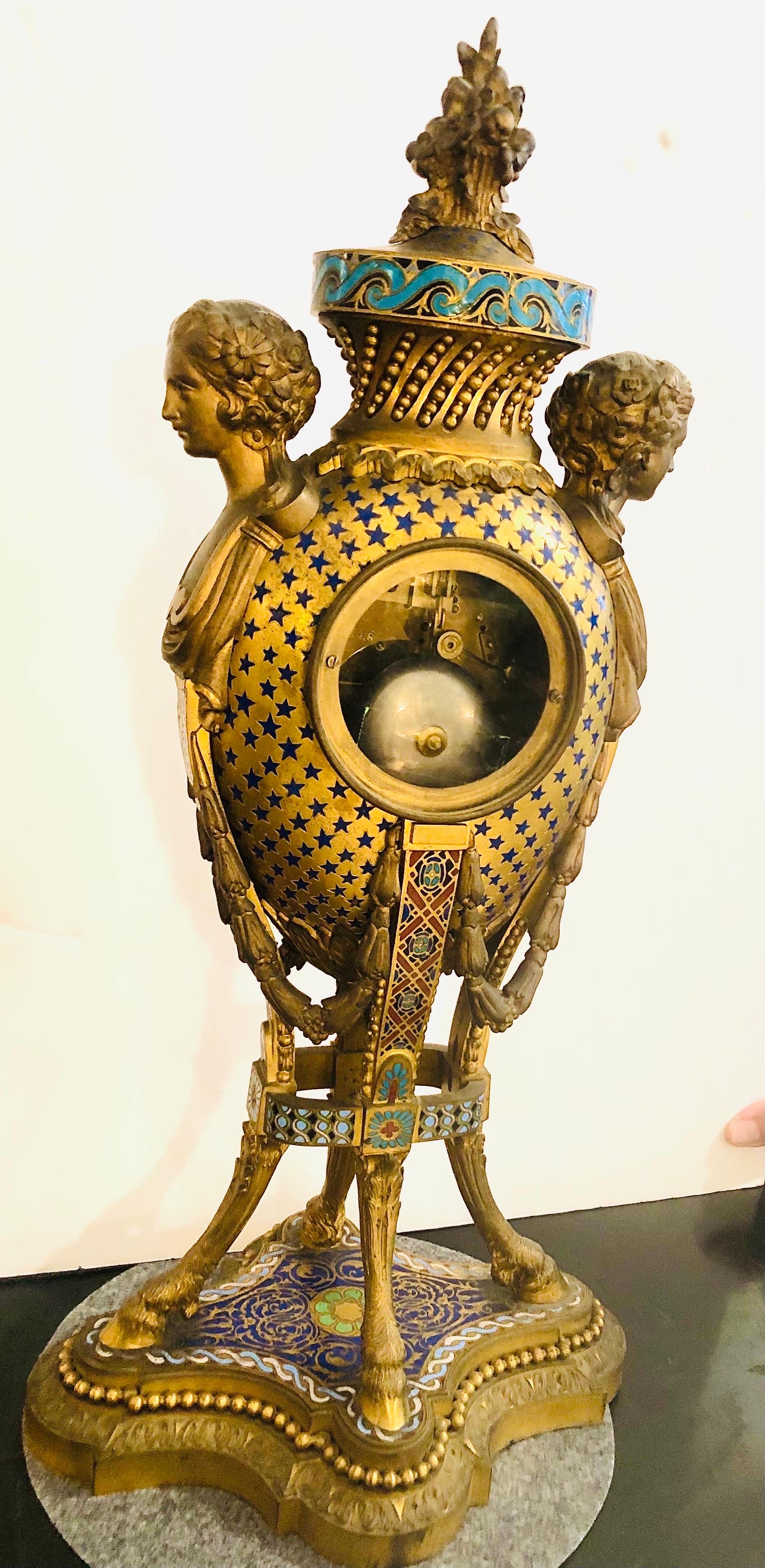 Enameled Bronze and Enamel Barbedienne Paris Clock with Figural Ladies’ Faces & Hoof Feet For Sale