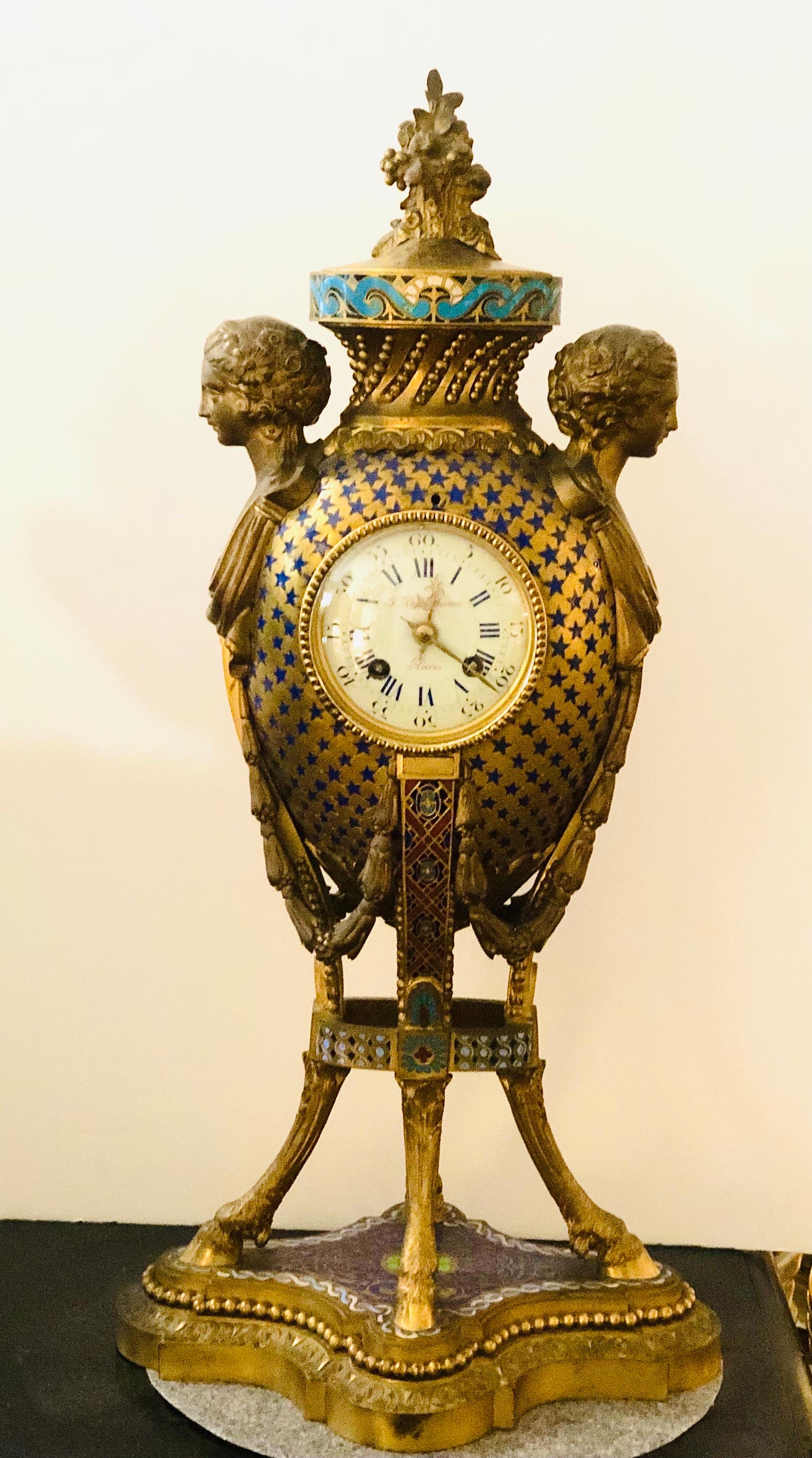 Bronze and Enamel Barbedienne Paris Clock with Figural Ladies’ Faces & Hoof Feet For Sale 1