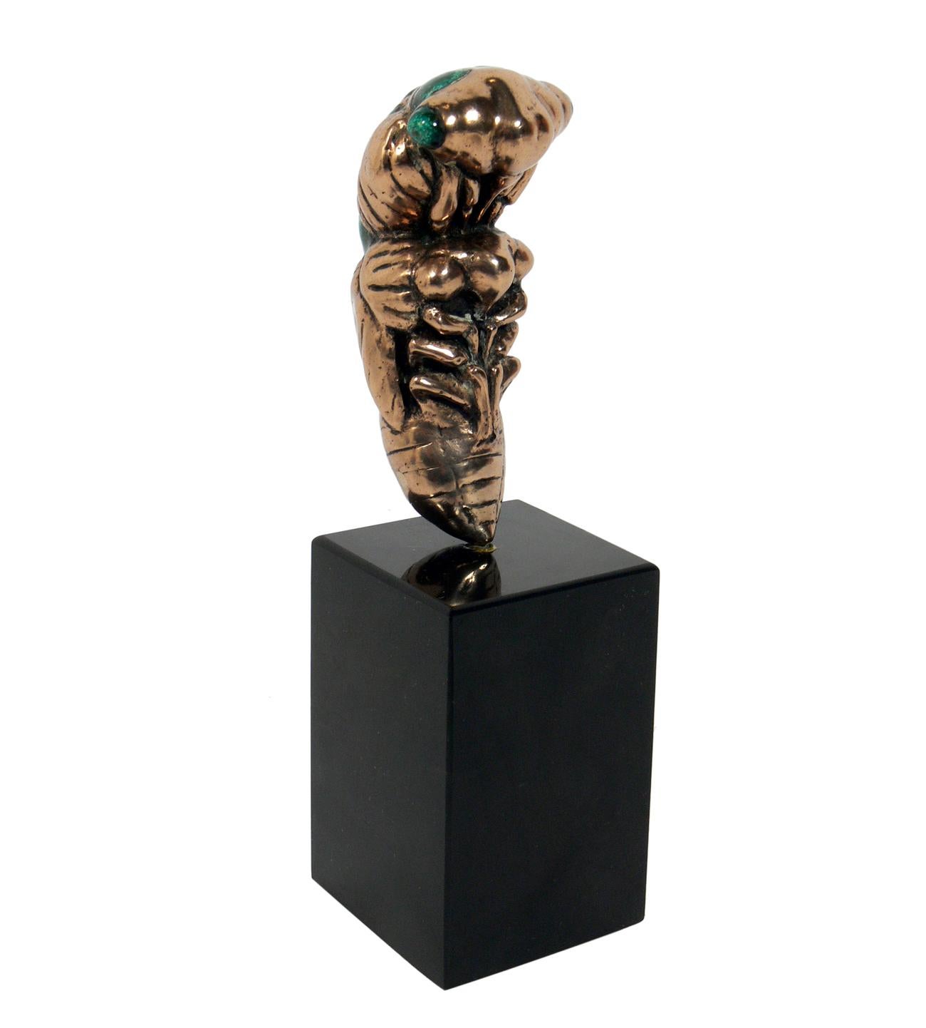 Bronze and enamel Cicada sculpture, by Mary Frances Wawrytko, Cleveland, OH, American, circa 1960s. Constructed of silver plated bronze and enamel on a black granite base. Retains original paperwork given at purchase. See last detail photo.