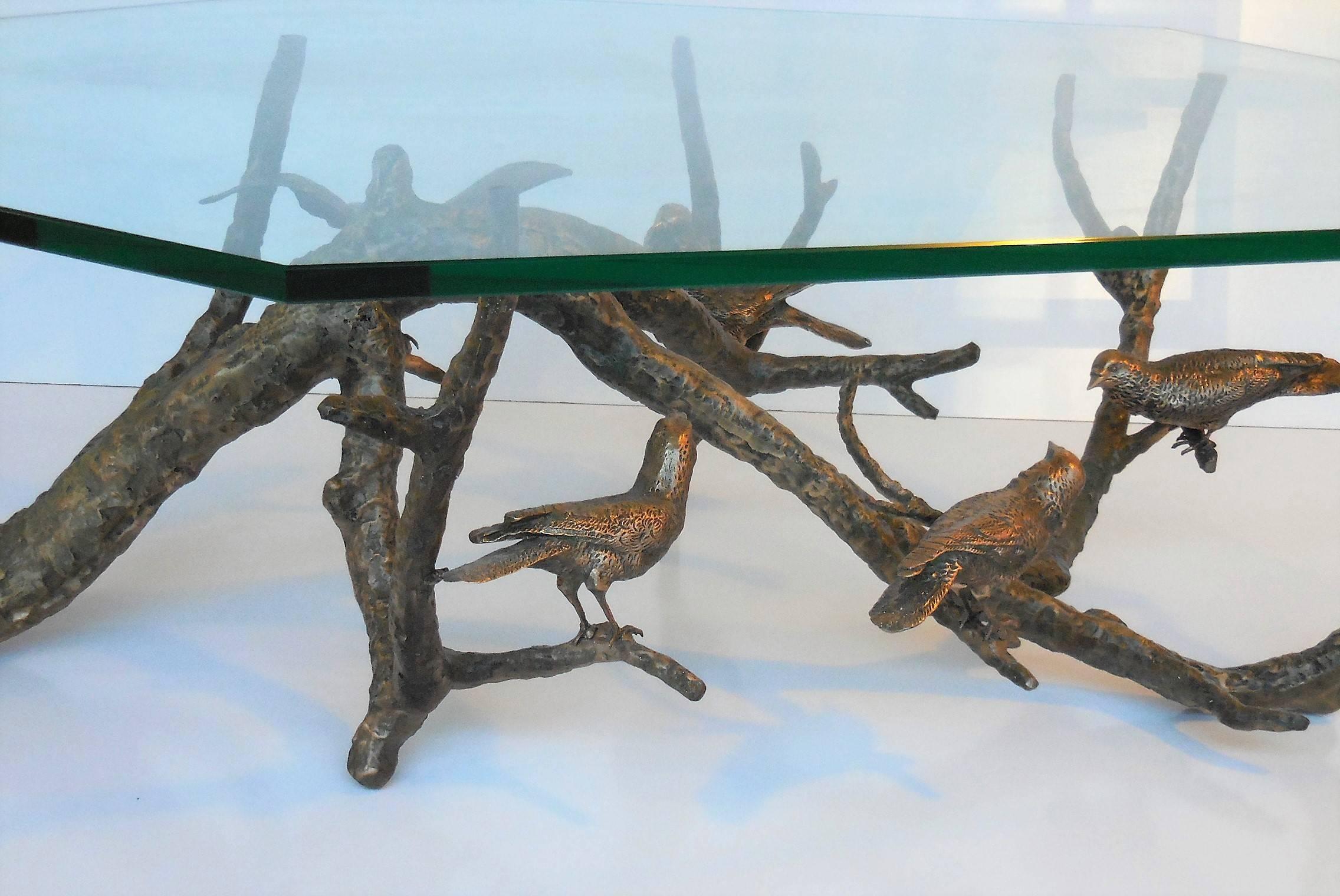 Italian Bronze and Faceted Glass Top Coffee Table with Birds