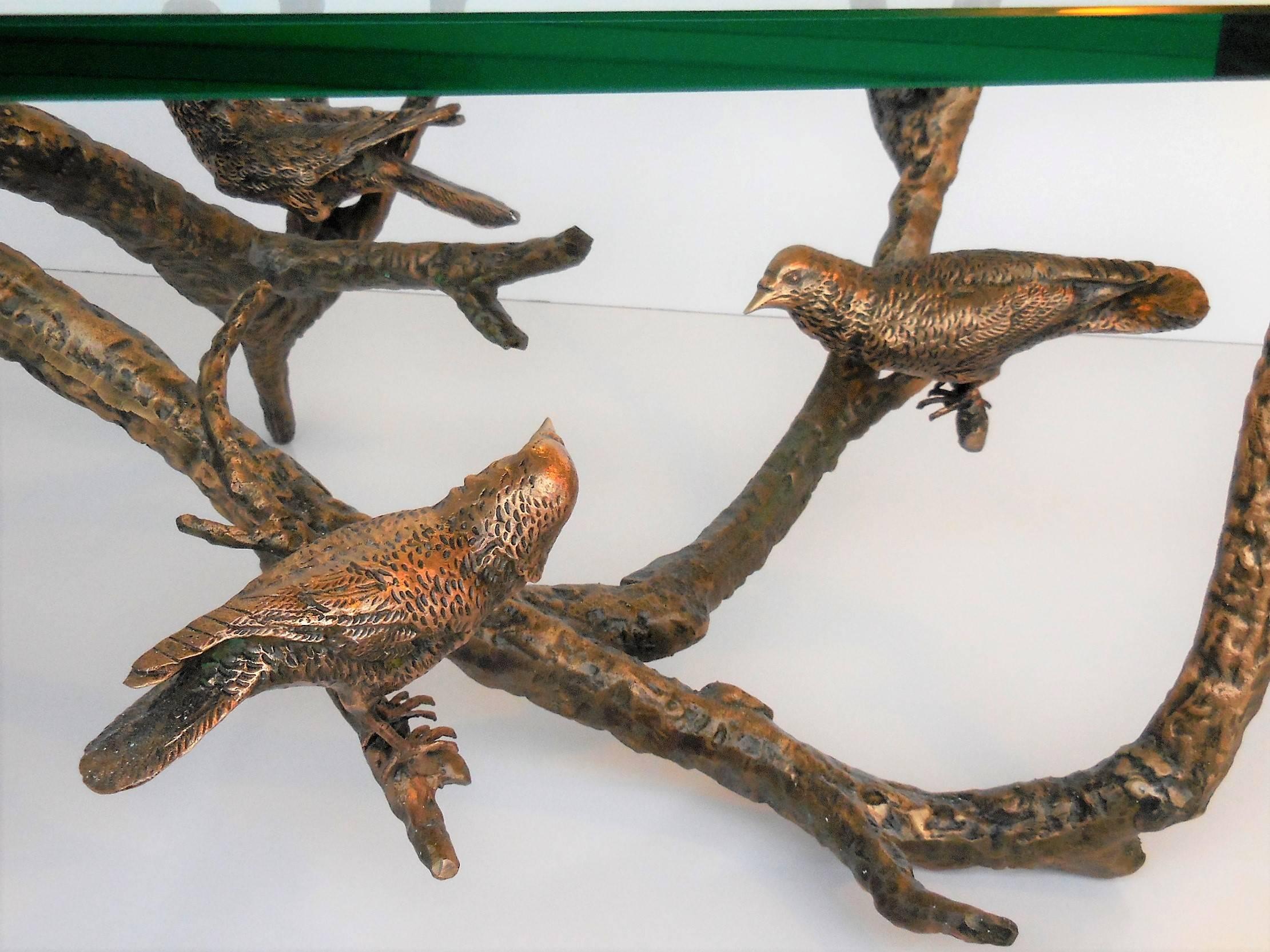 Bronze and Faceted Glass Top Coffee Table with Birds In Excellent Condition In Miami, FL