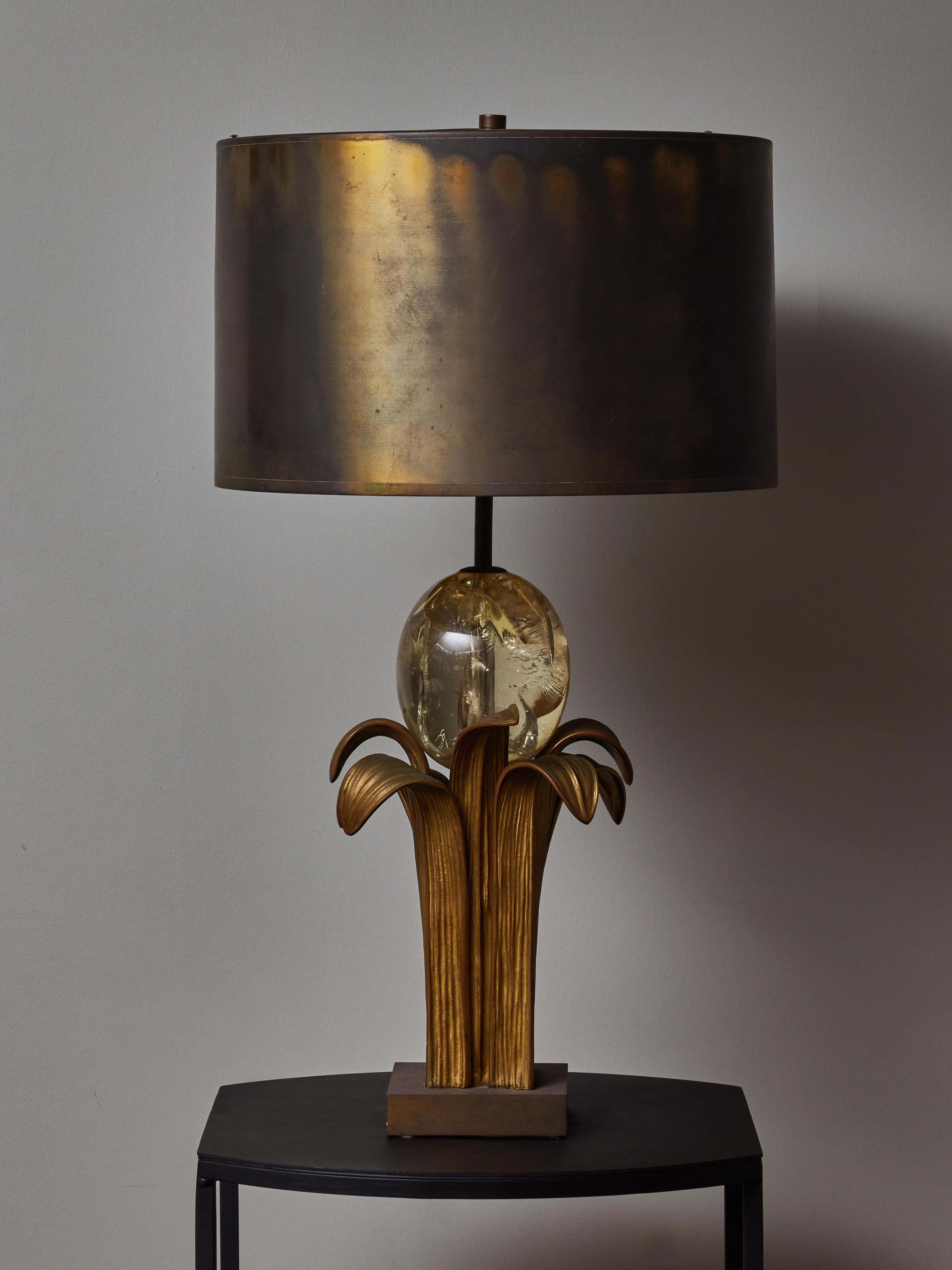 Original table lamp designed by Chrystiane Charles, heir of the renowned Maison Charles light makers. It is made of bronze leaves supporting a resin fractal sphere imitating an ostrich egg. Original brass shade provided, signature and stamp at the