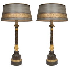 Bronze and Gilt Bronze Columnar Lamp with Custom Shade