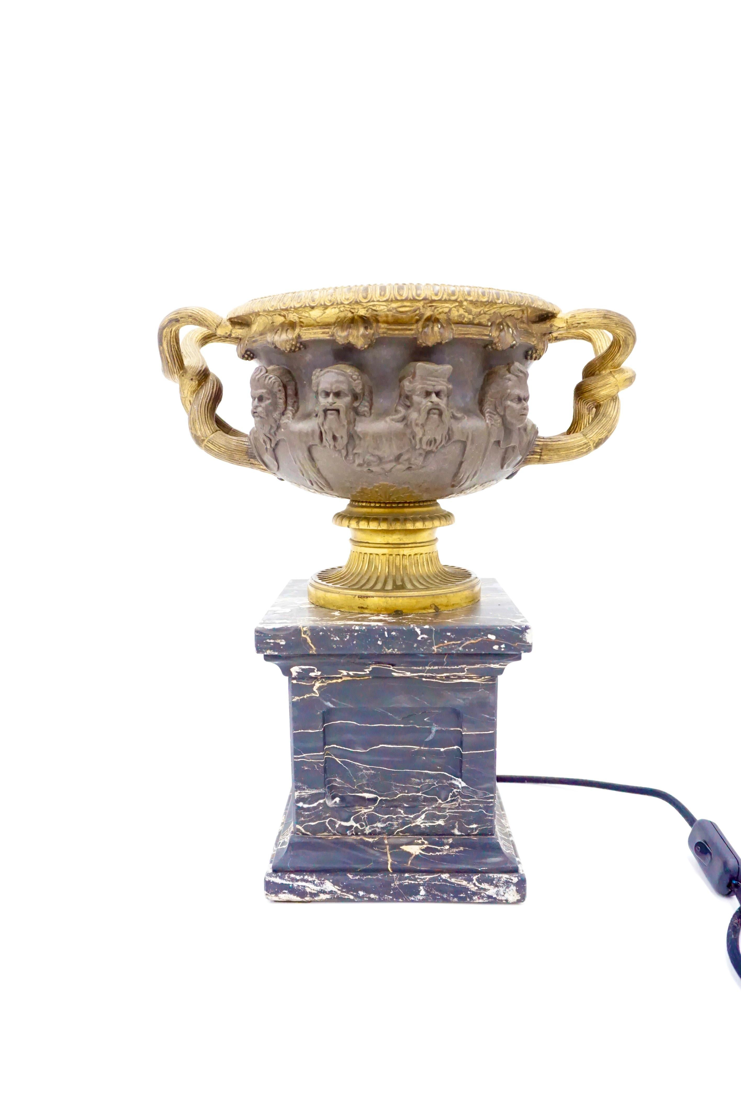 Grand Tour Bronze and Gilt Warwick Vase Lamp on Portoro Marble Basis, by Barbadienne, 1860 For Sale