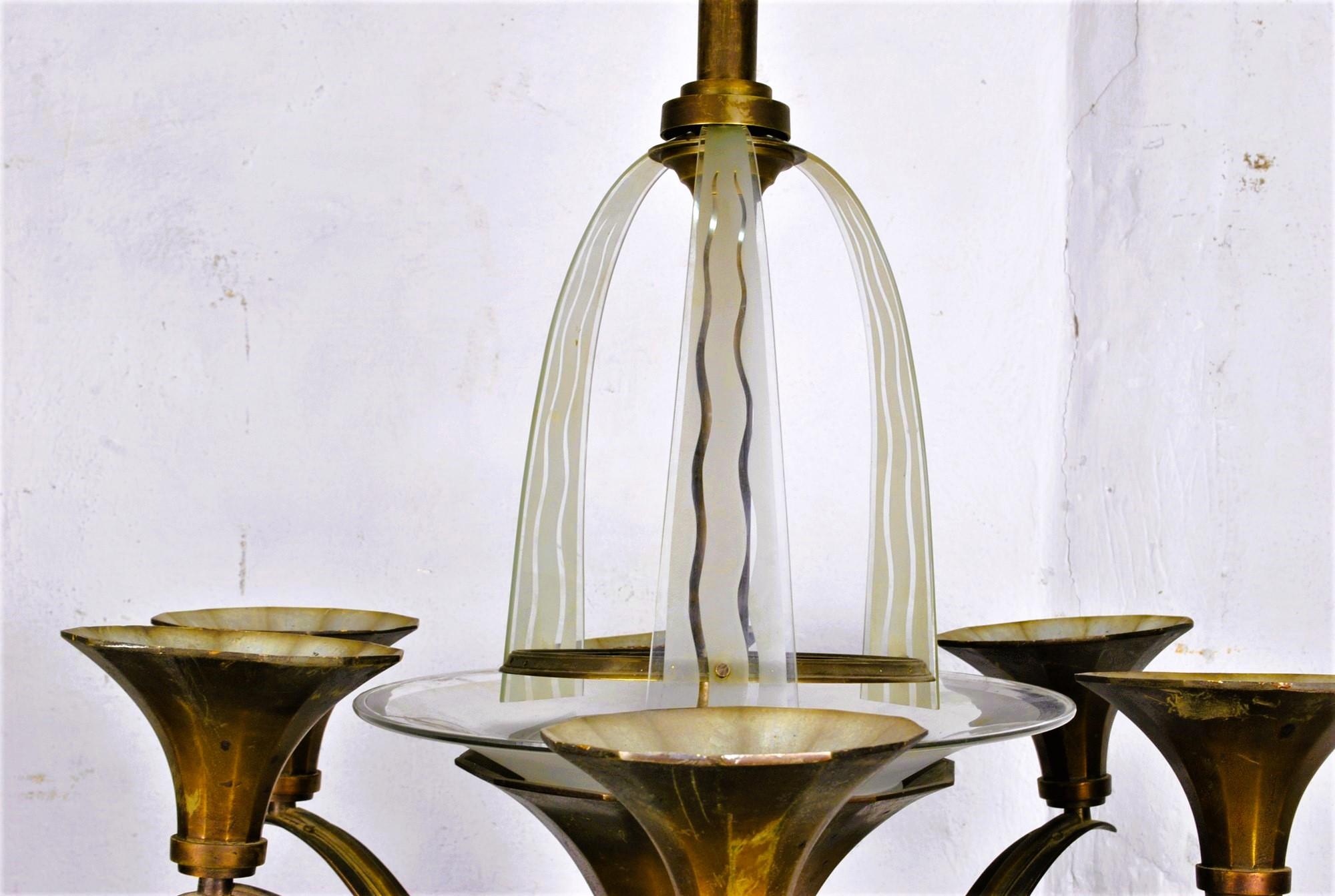 Lampadario in bronzo e vetro, Art Déco, XX secolo In condizioni discrete in vendita a MARSEILLE, FR