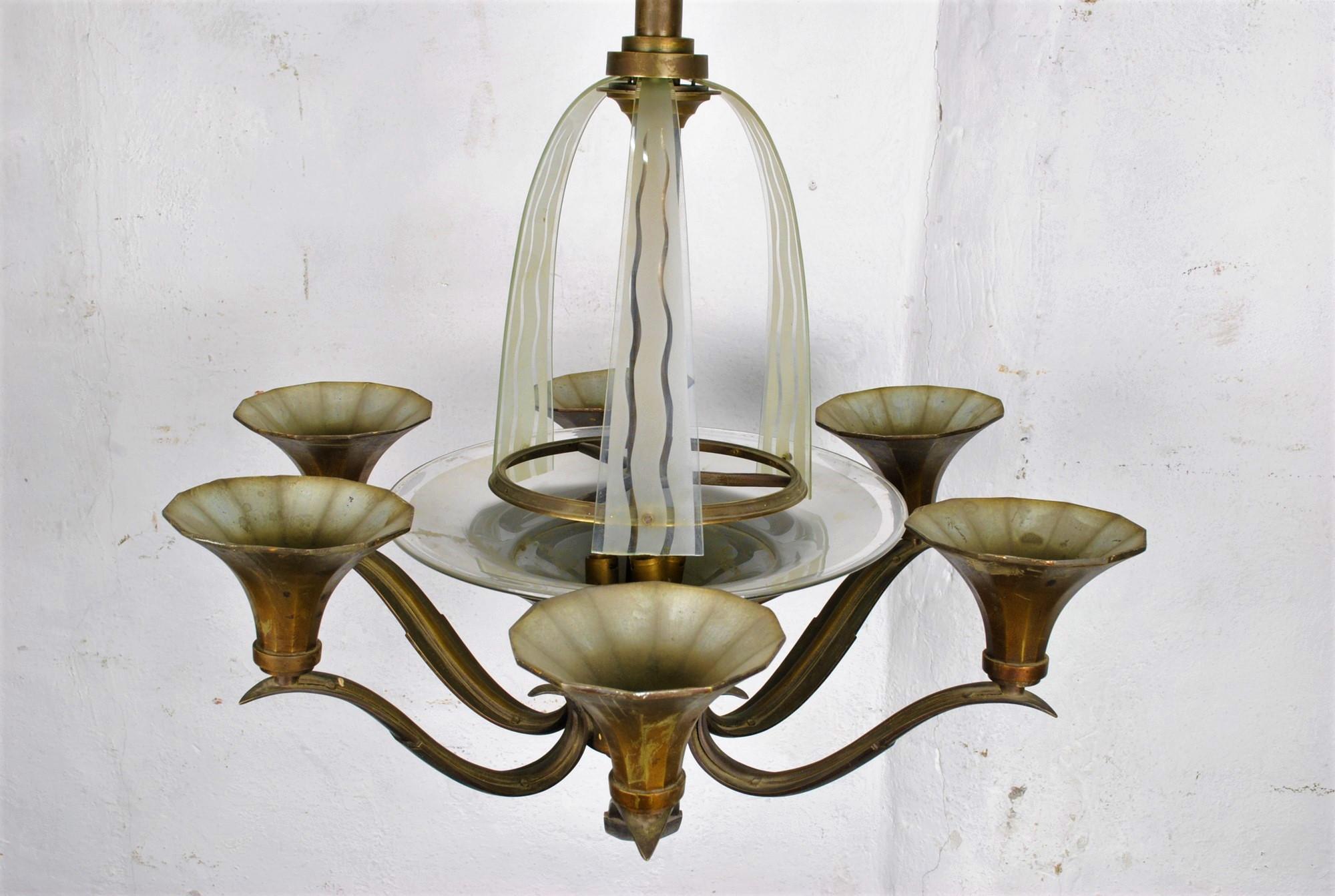 Lampadario in bronzo e vetro, Art Déco, XX secolo in vendita 1