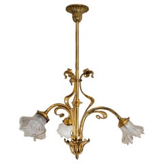 Antique Bronze and Glass Chandelier Art Nouveau , France, circa 1890