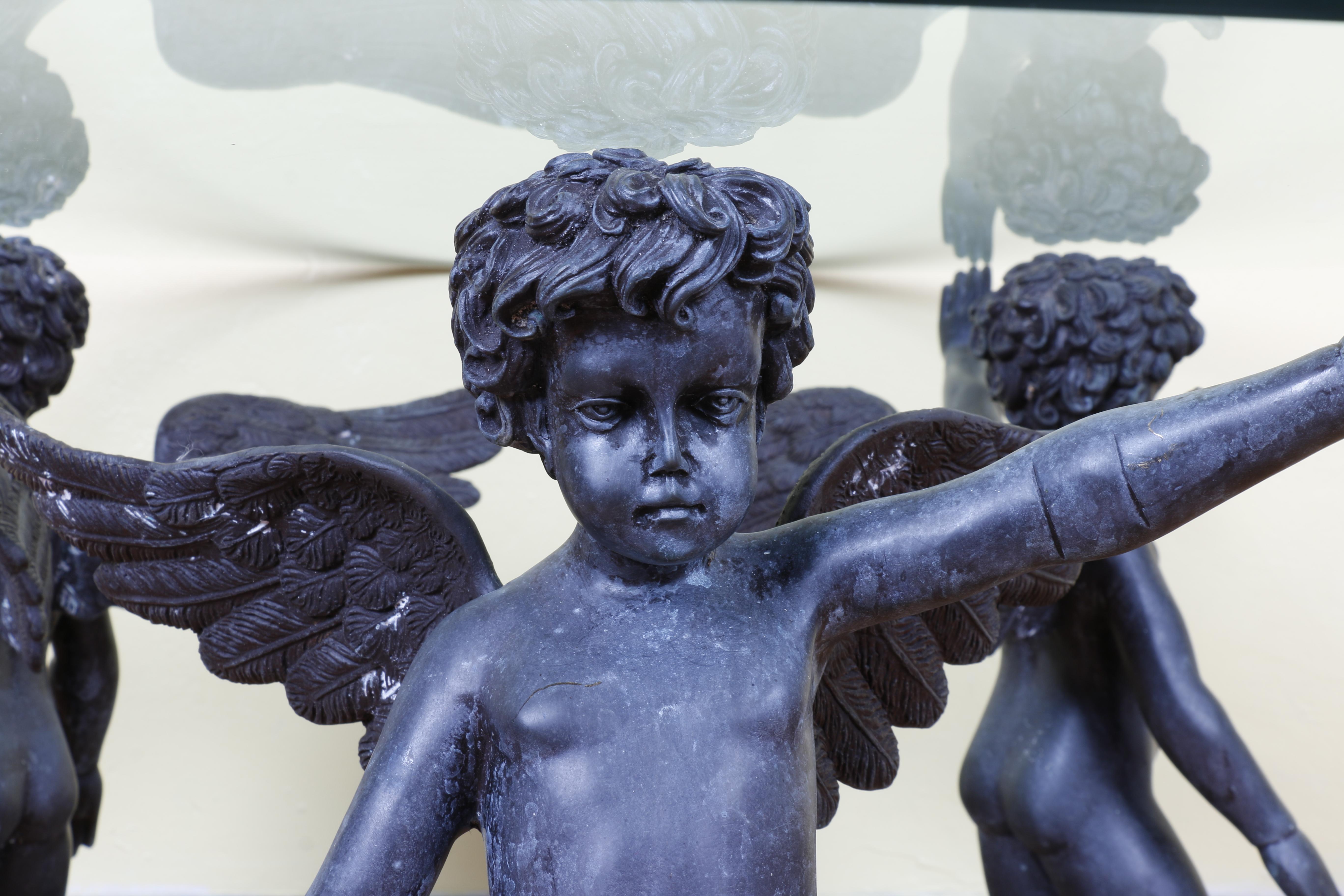 Late 20th Century Bronze and Glass Dancing Cherubs Coffee Table