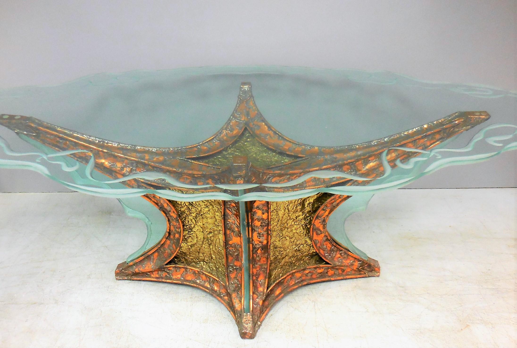Etched Bronze and Glass Studio Dining Table Attributed to Jacques Duval Brasseur, 1970s For Sale