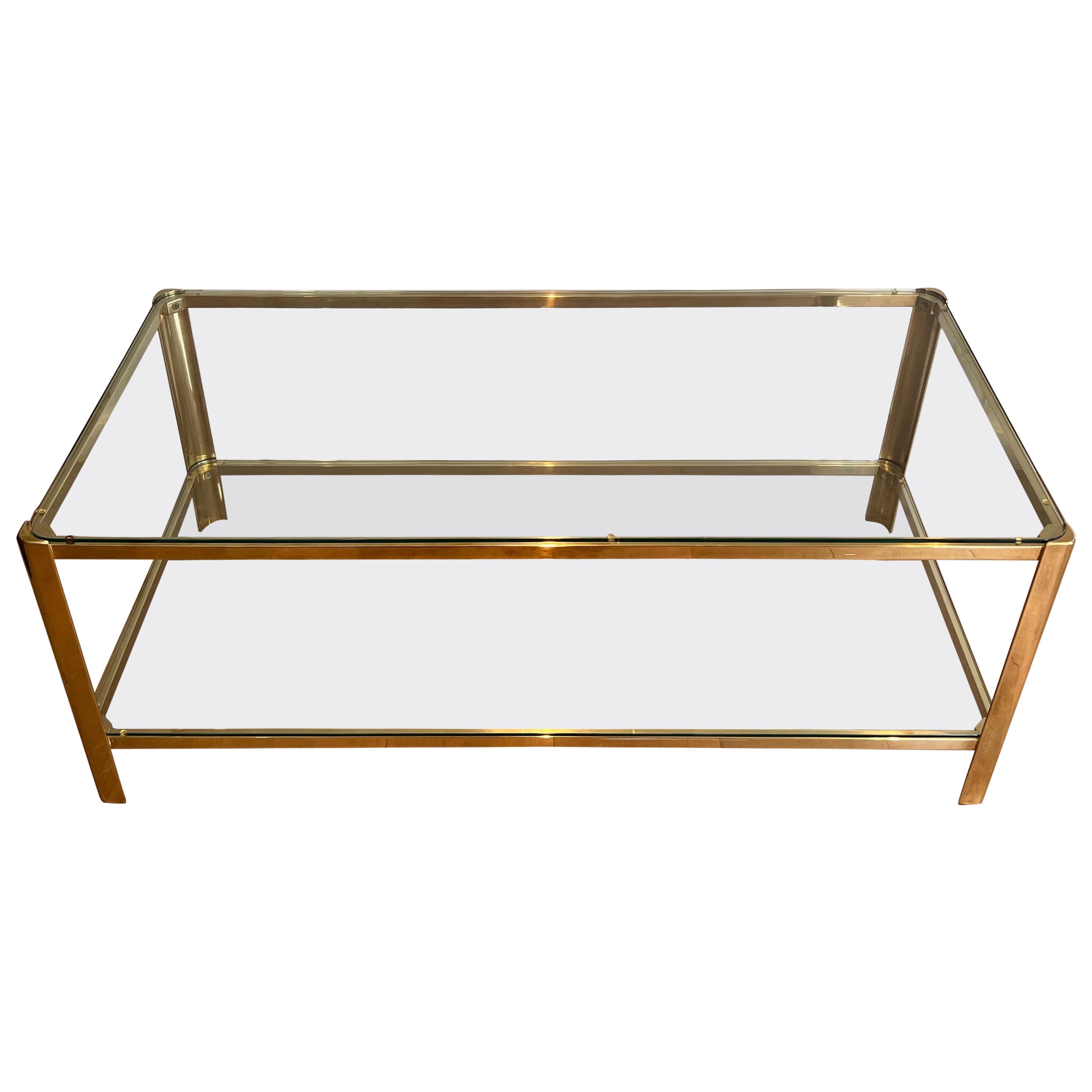 Mesa de centro de dos pisos de bronce y cristal Firmada Lepelletier y estampada por Broncz