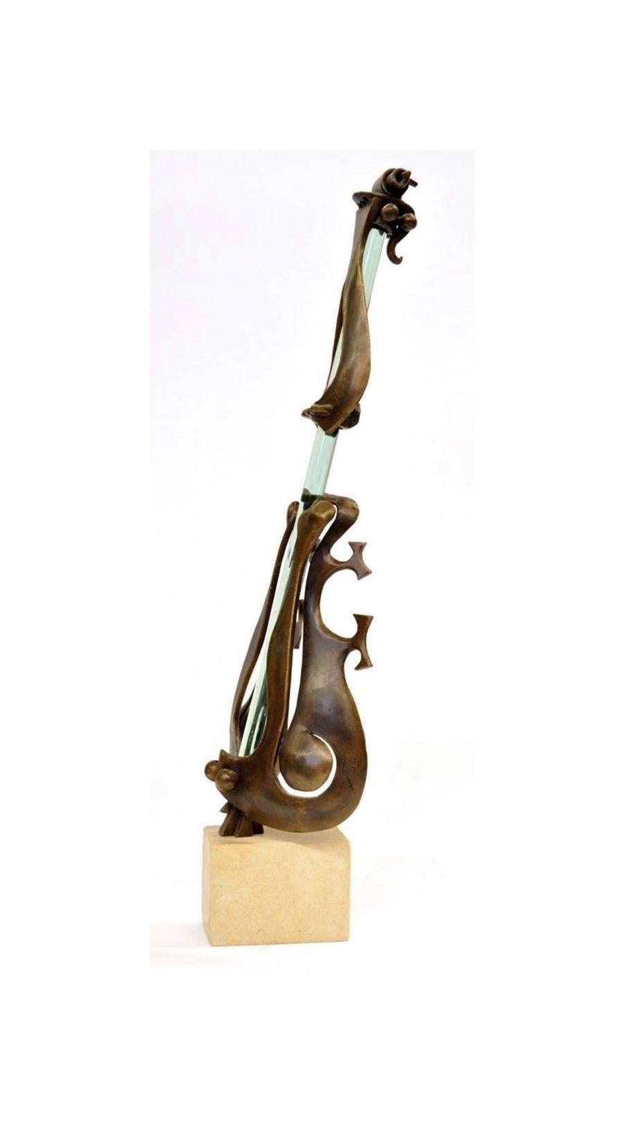 Mid-Century Modern Bronze and Glass Violin Sculpture Signed BK