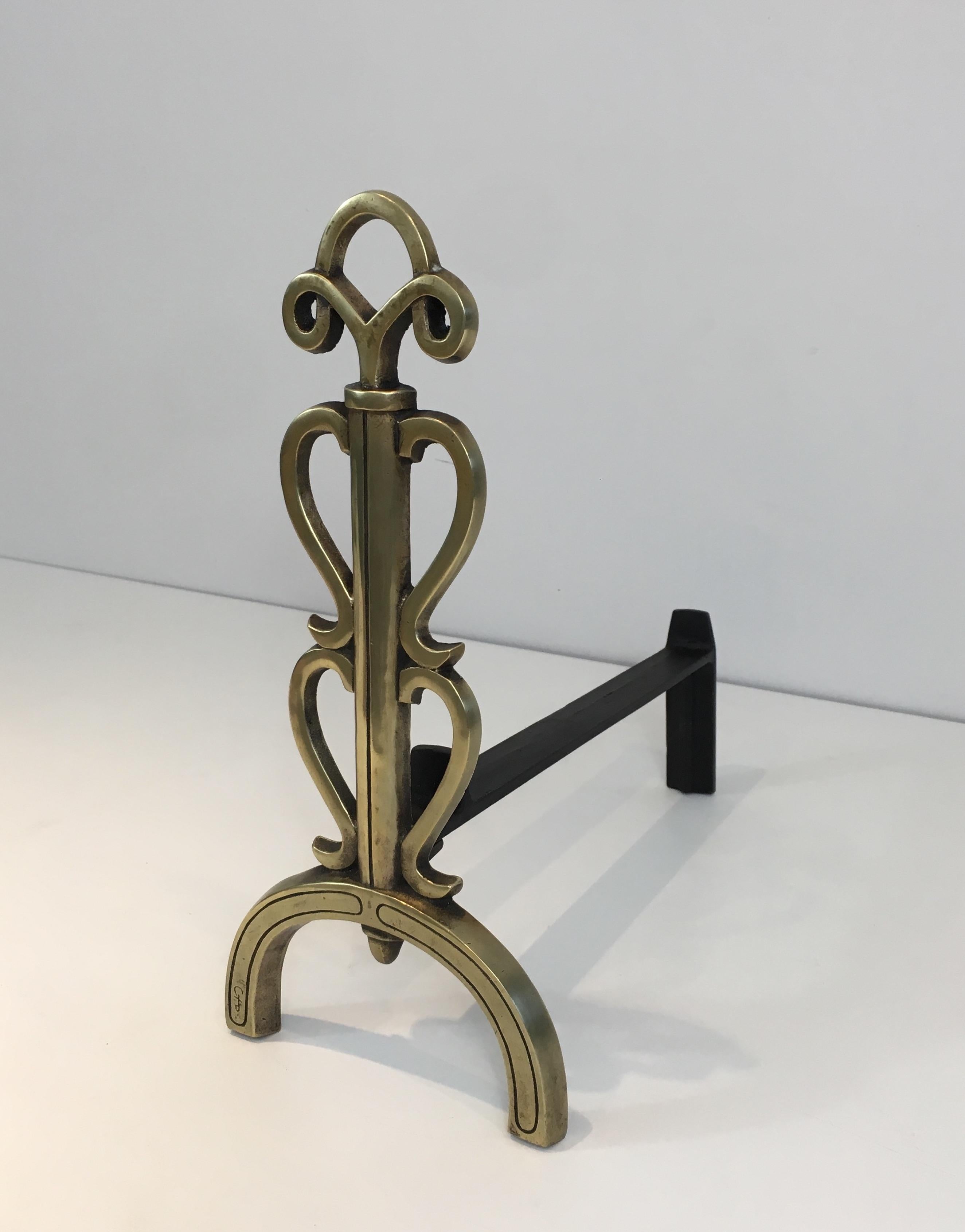 Art Deco Bronze and Iron Andirons, Signed, French, circa 1930 For Sale