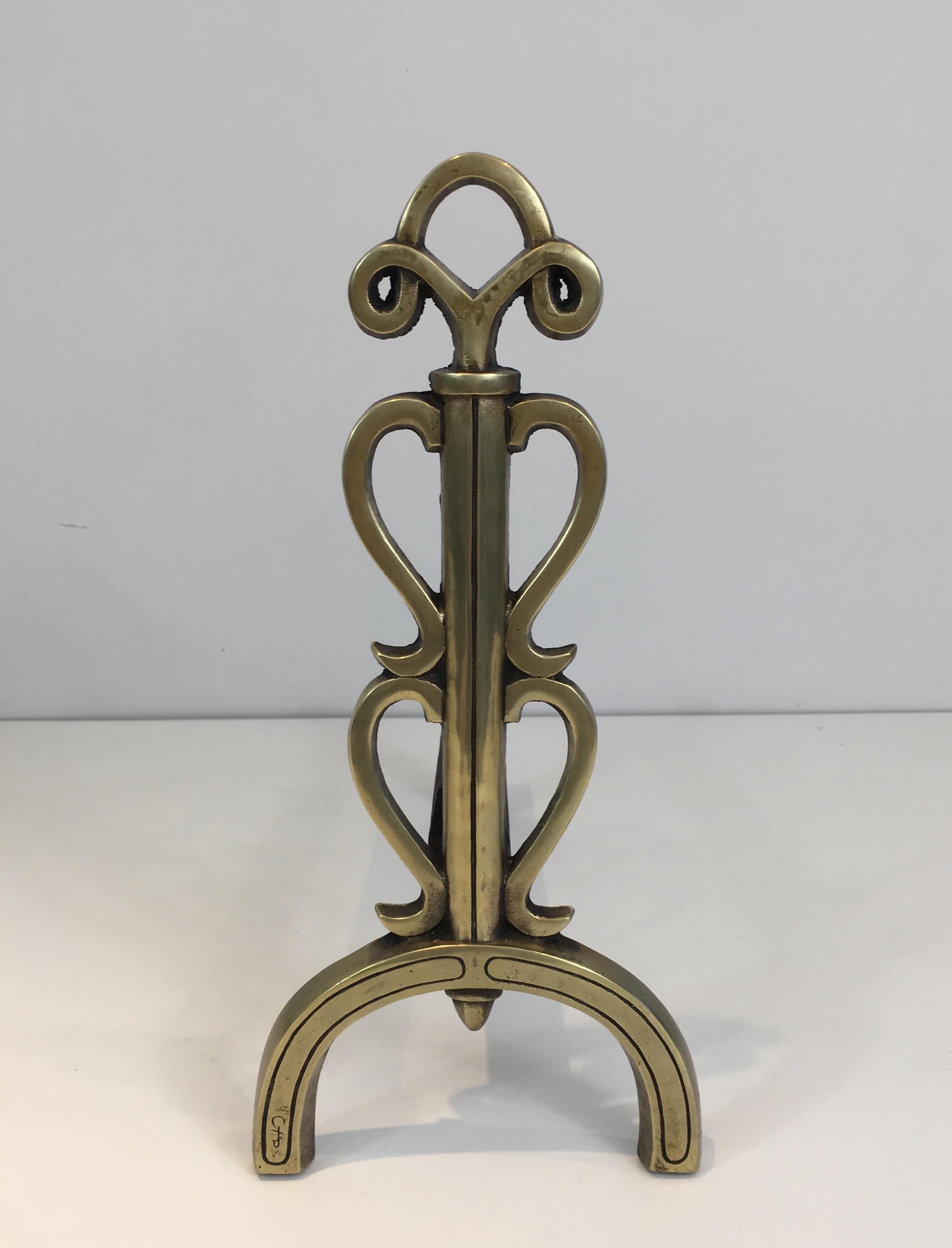Bronze and Iron Andirons, Signed, French, circa 1930 In Good Condition For Sale In Marcq-en-Barœul, Hauts-de-France