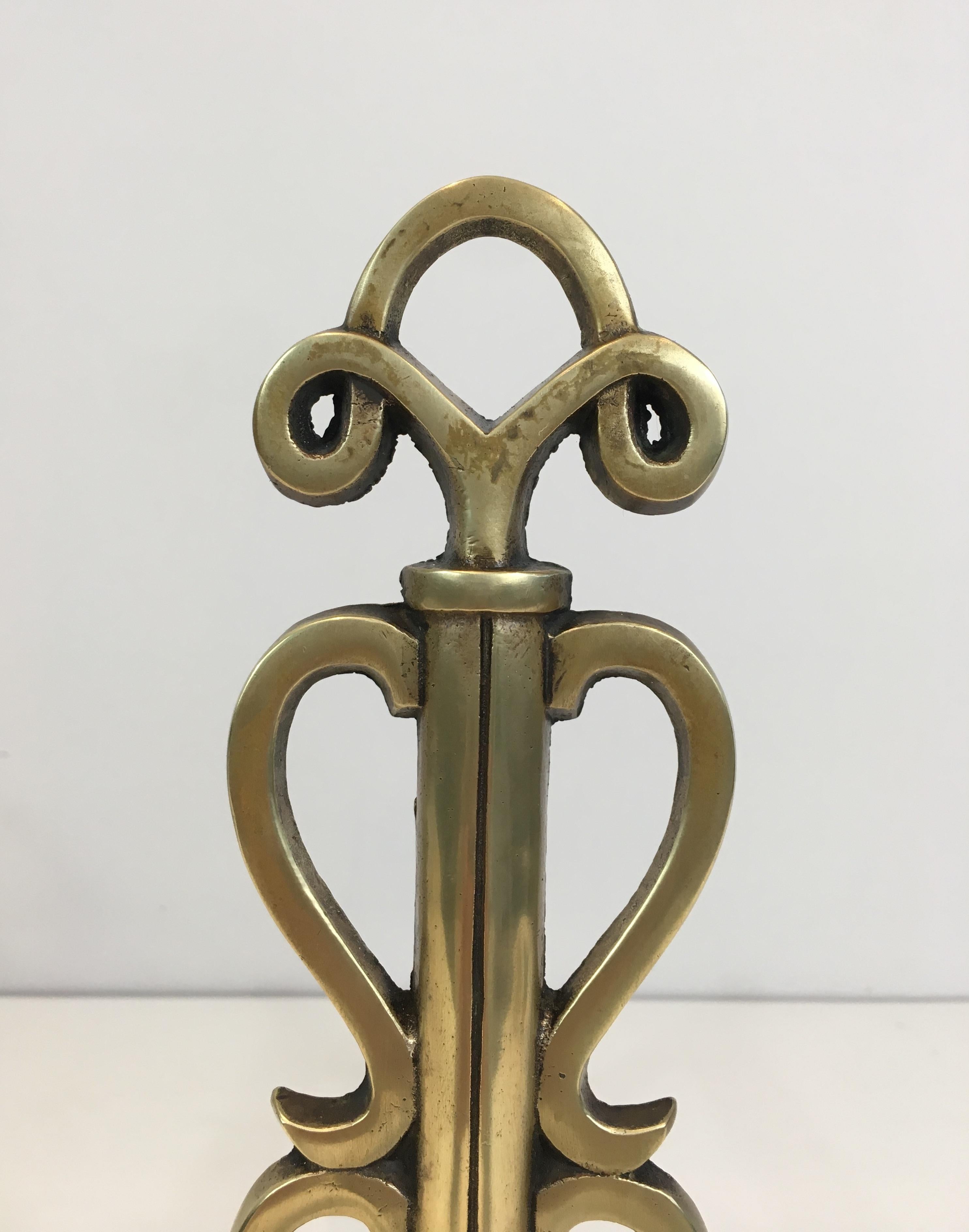 Mid-20th Century Bronze and Iron Andirons, Signed, French, circa 1930 For Sale