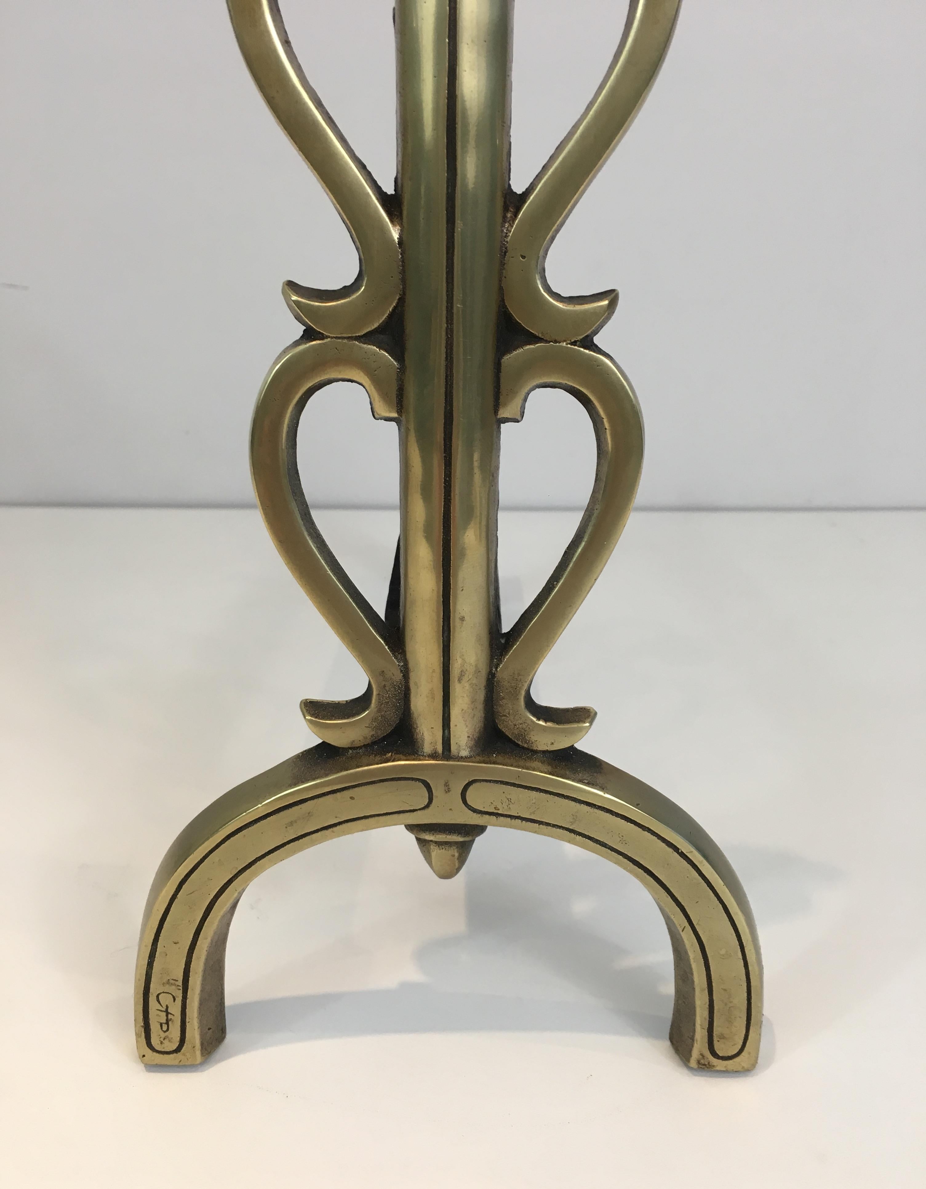 Bronze and Iron Andirons, Signed, French, circa 1930 For Sale 1